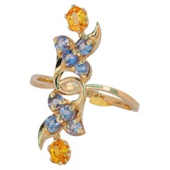 14k Gold Ring with Sapphires and Tanzanites, Vintage Style with Sapphires