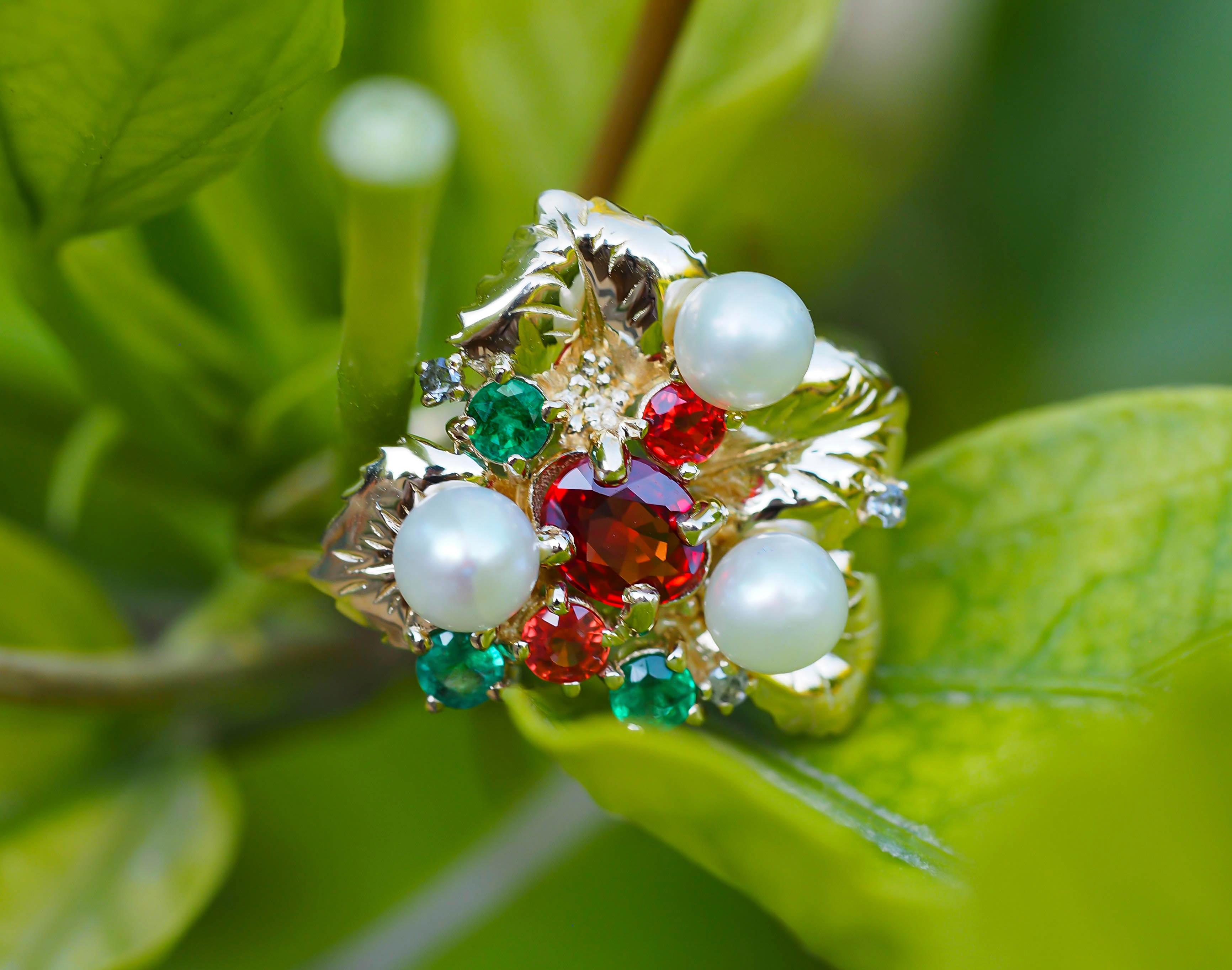 For Sale:  14k Gold Ring with Sapphires, Diamonds, Emeralds and Pearls, Flower Ring 10