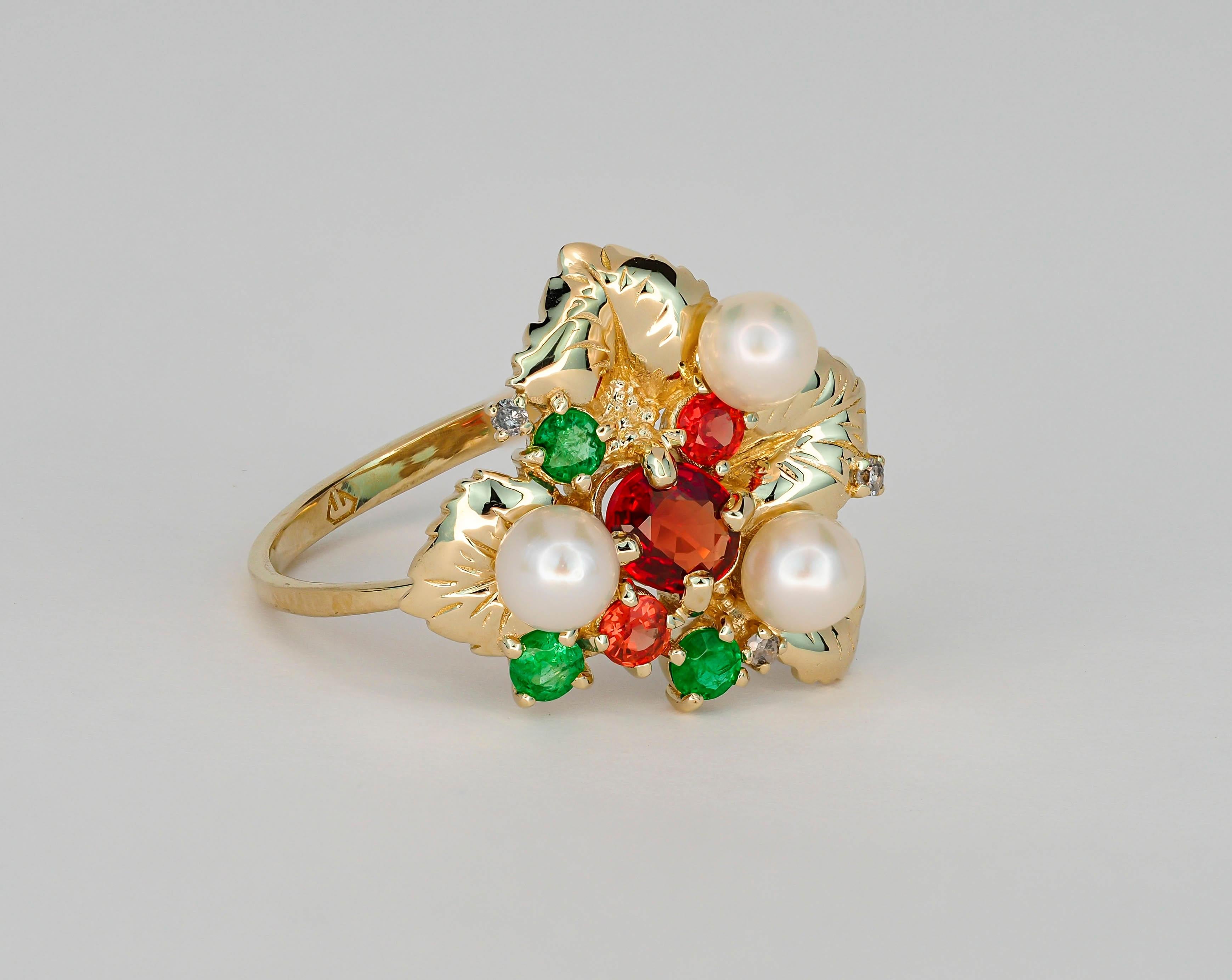 Im Angebot: 14k Gold Ring mit Saphiren, Diamanten, Smaragden und Perlen, Blumenring () 2