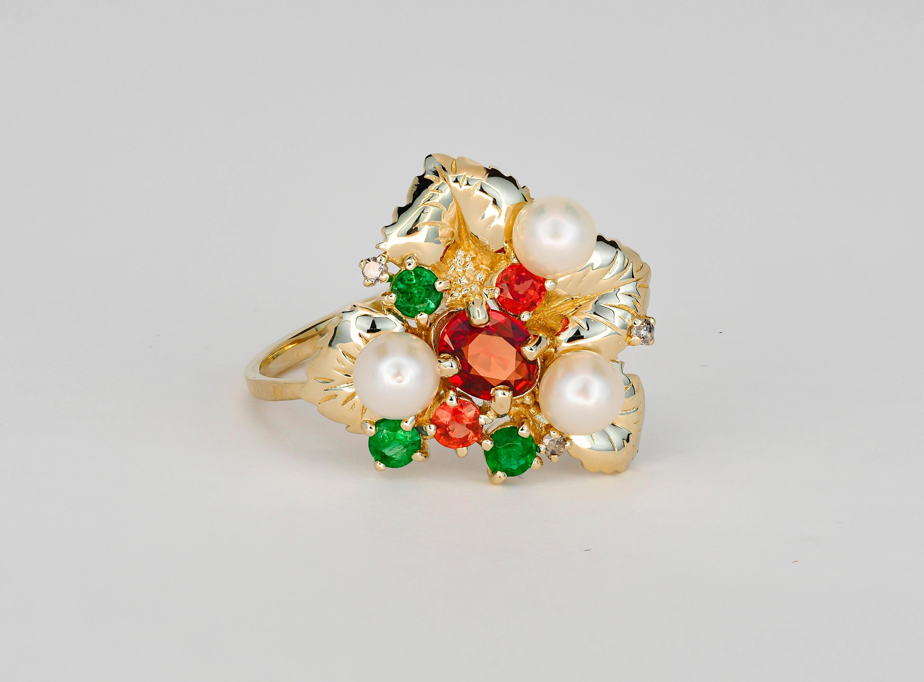 Im Angebot: 14k Gold Ring mit Saphiren, Diamanten, Smaragden und Perlen, Blumenring () 3
