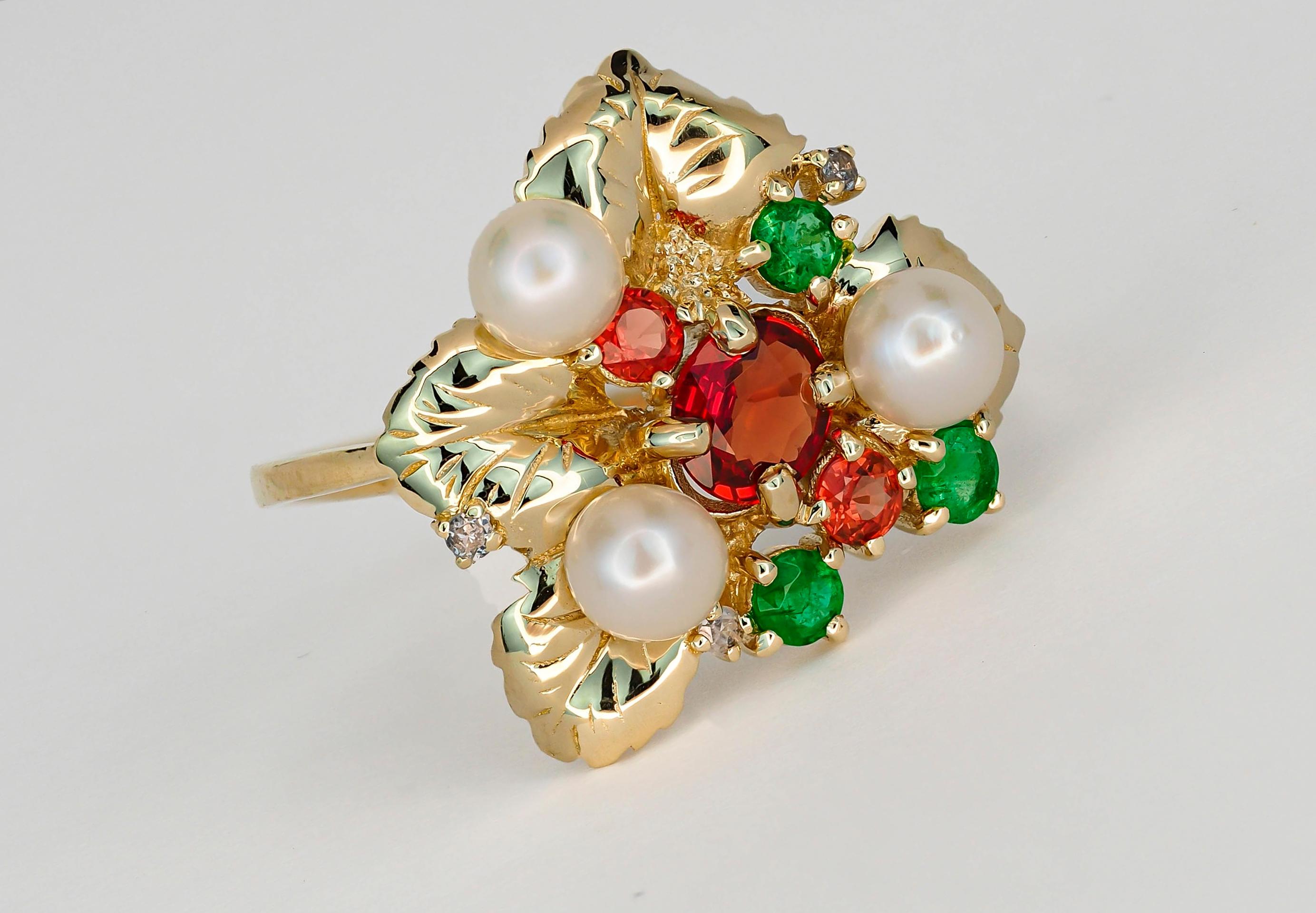 Im Angebot: 14k Gold Ring mit Saphiren, Diamanten, Smaragden und Perlen, Blumenring () 4