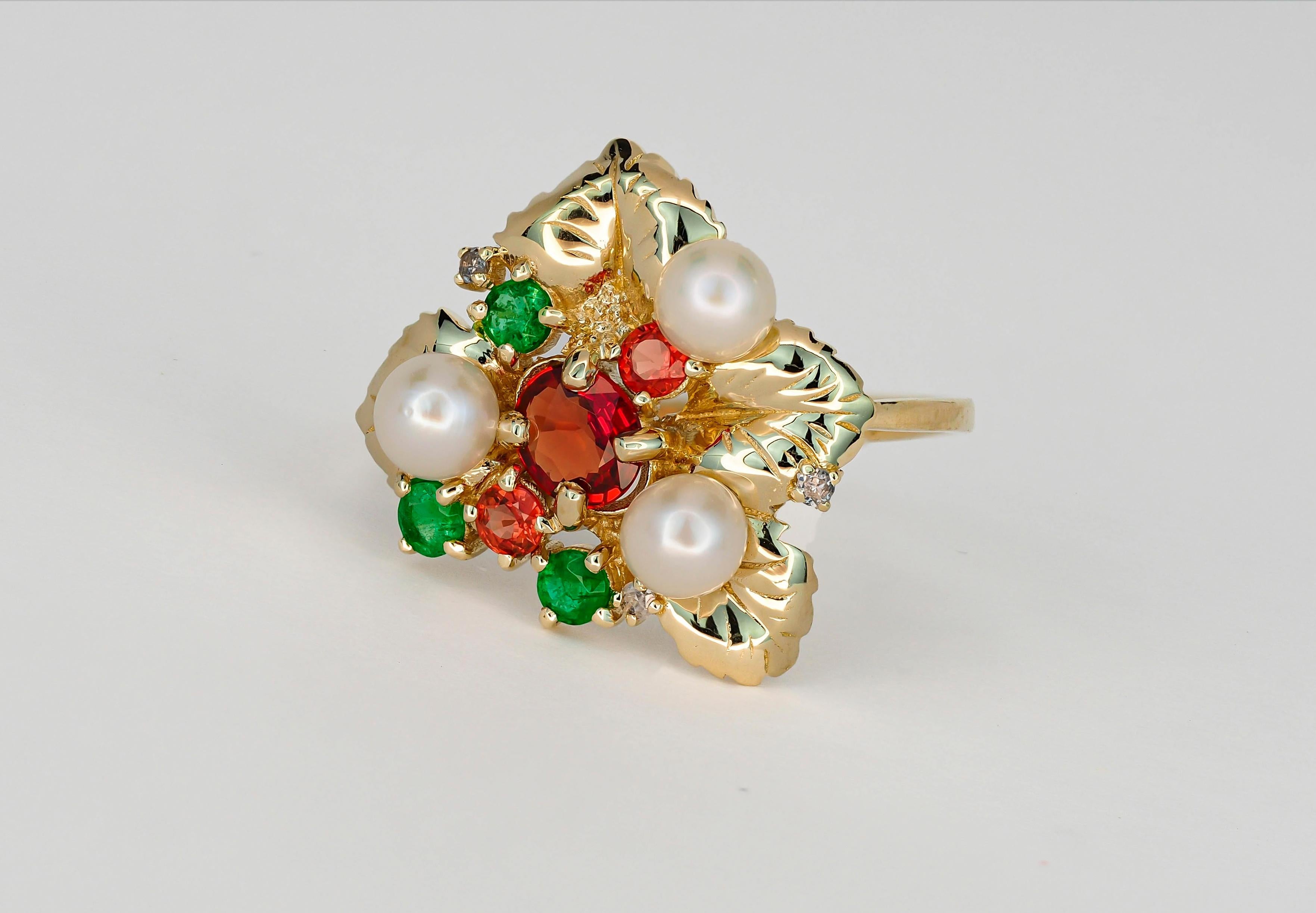 For Sale:  14k Gold Ring with Sapphires, Diamonds, Emeralds and Pearls, Flower Ring 5