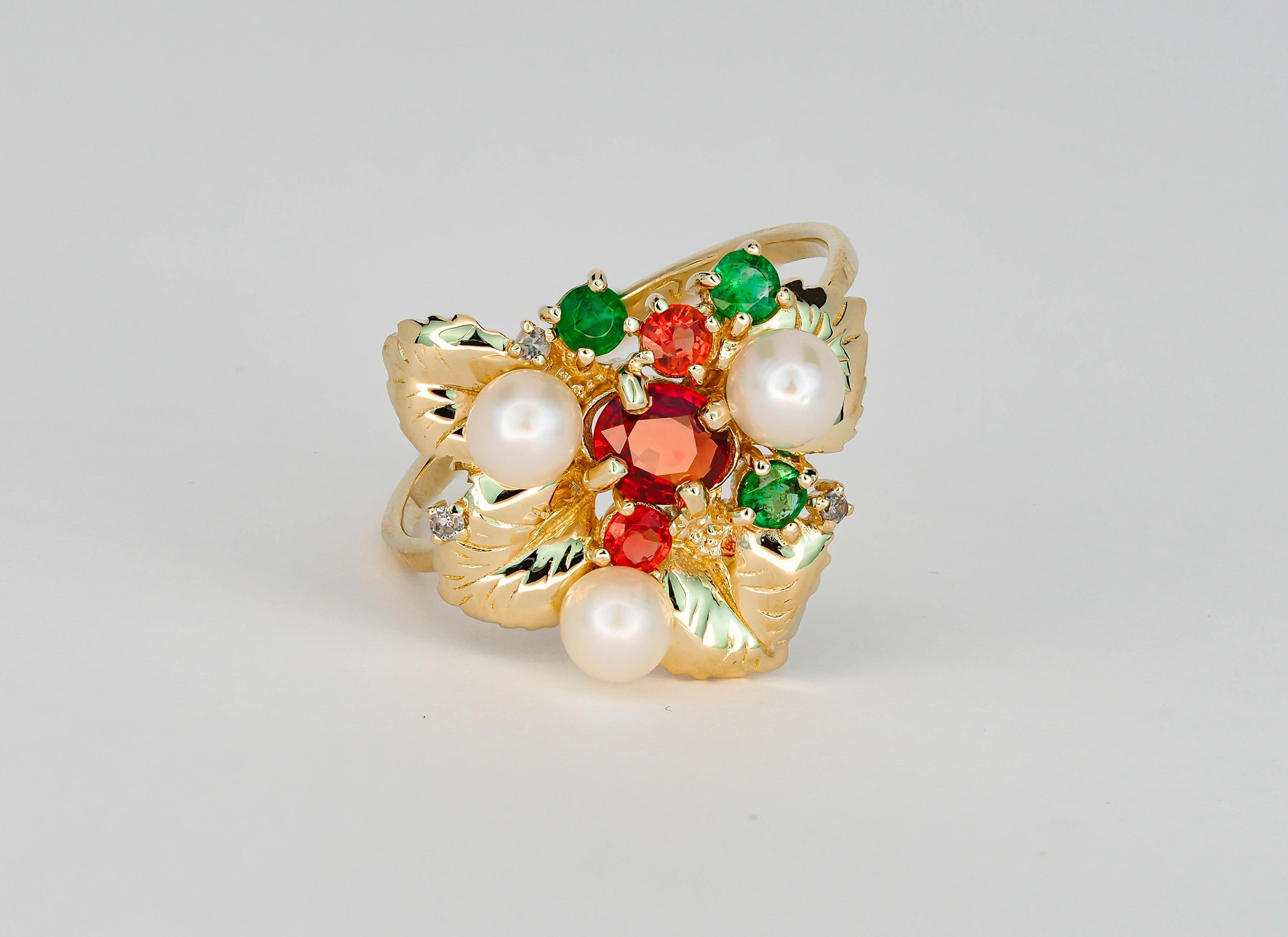 For Sale:  14k Gold Ring with Sapphires, Diamonds, Emeralds and Pearls, Flower Ring 6