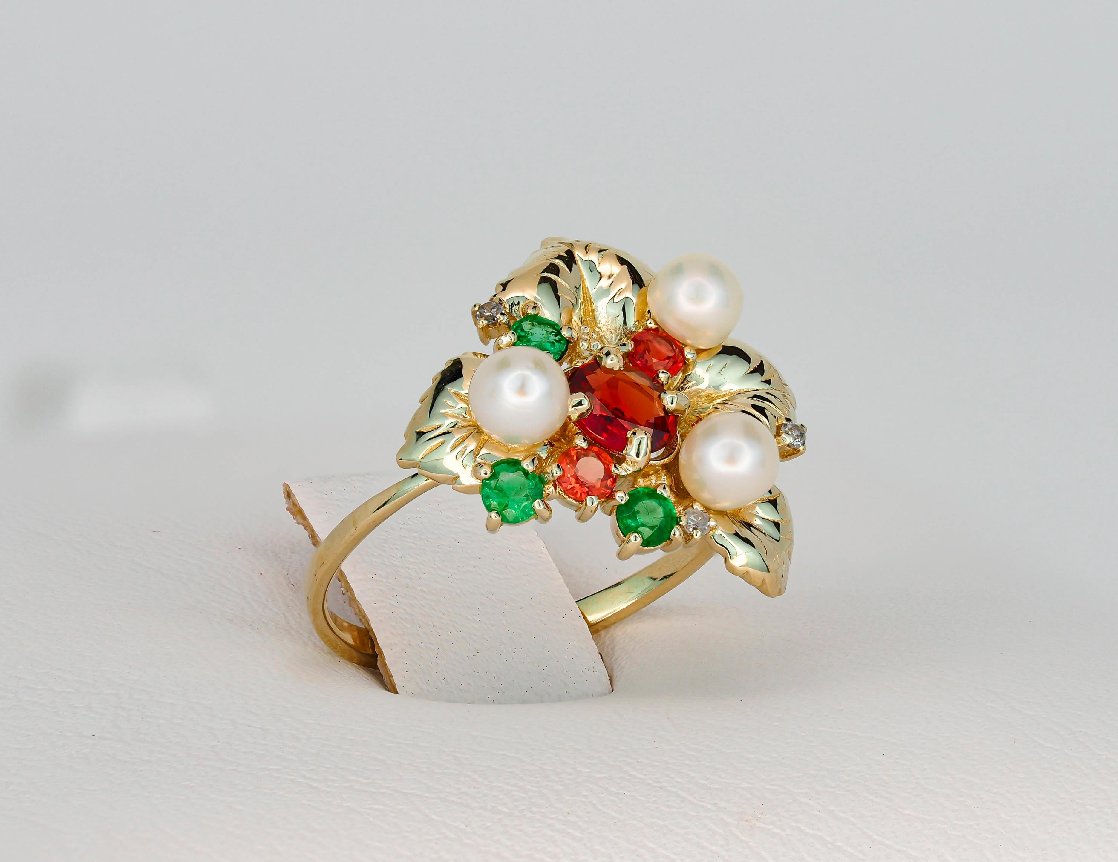 For Sale:  14k Gold Ring with Sapphires, Diamonds, Emeralds and Pearls, Flower Ring 7