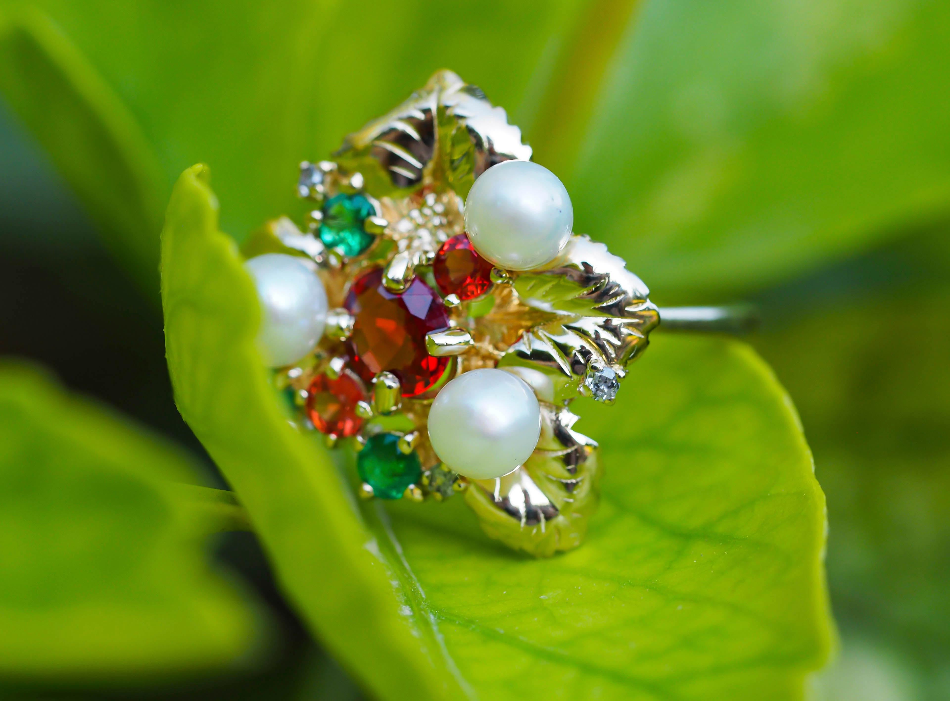 For Sale:  14k Gold Ring with Sapphires, Diamonds, Emeralds and Pearls, Flower Ring 8
