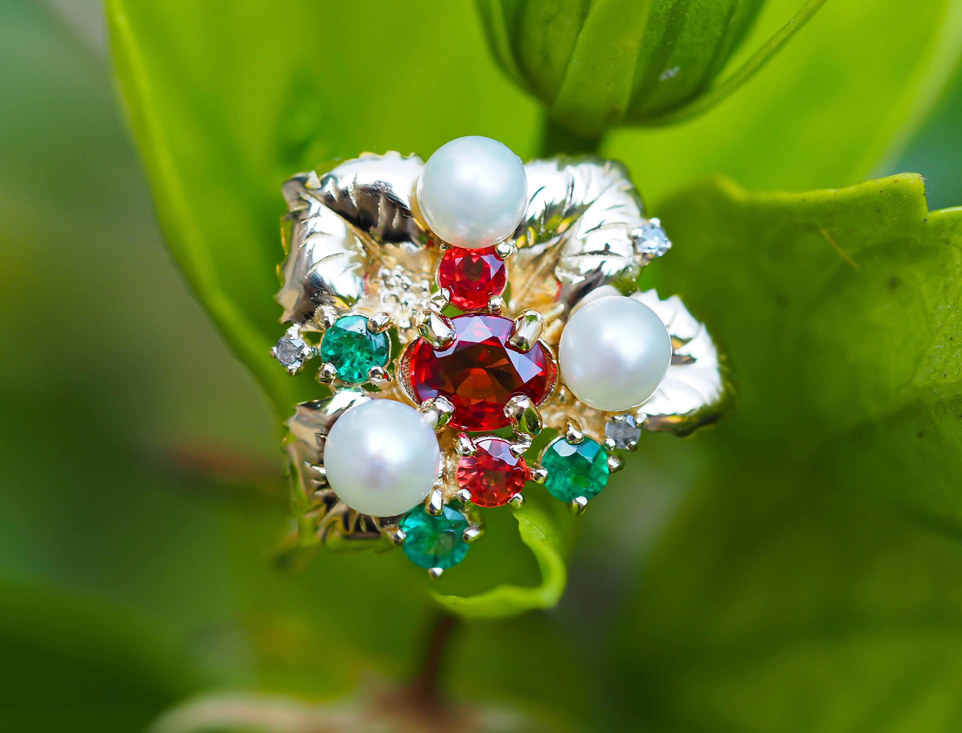 For Sale:  14k Gold Ring with Sapphires, Diamonds, Emeralds and Pearls, Flower Ring 9