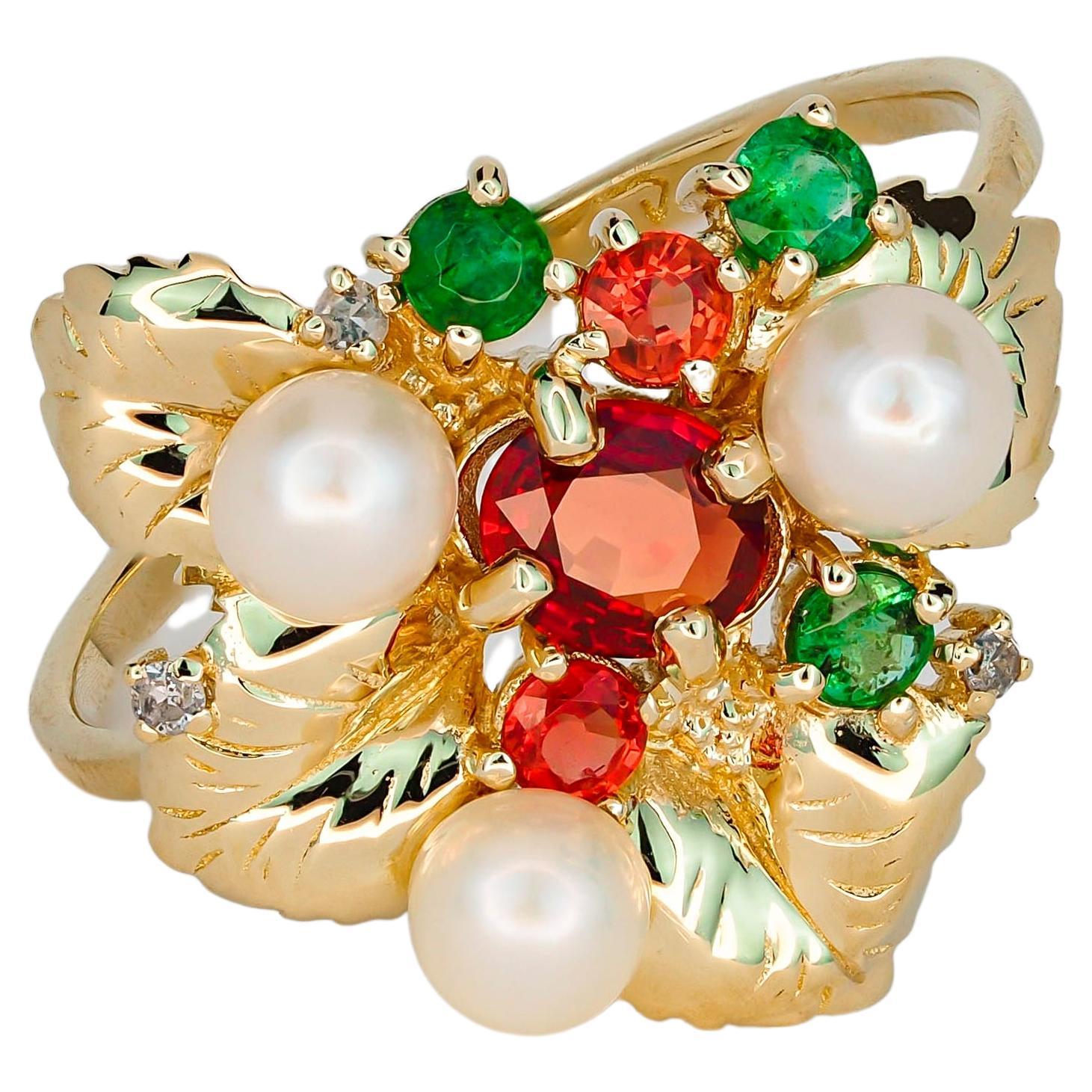 14k Gold Ring mit Saphiren, Diamanten, Smaragden und Perlen, Blumenring