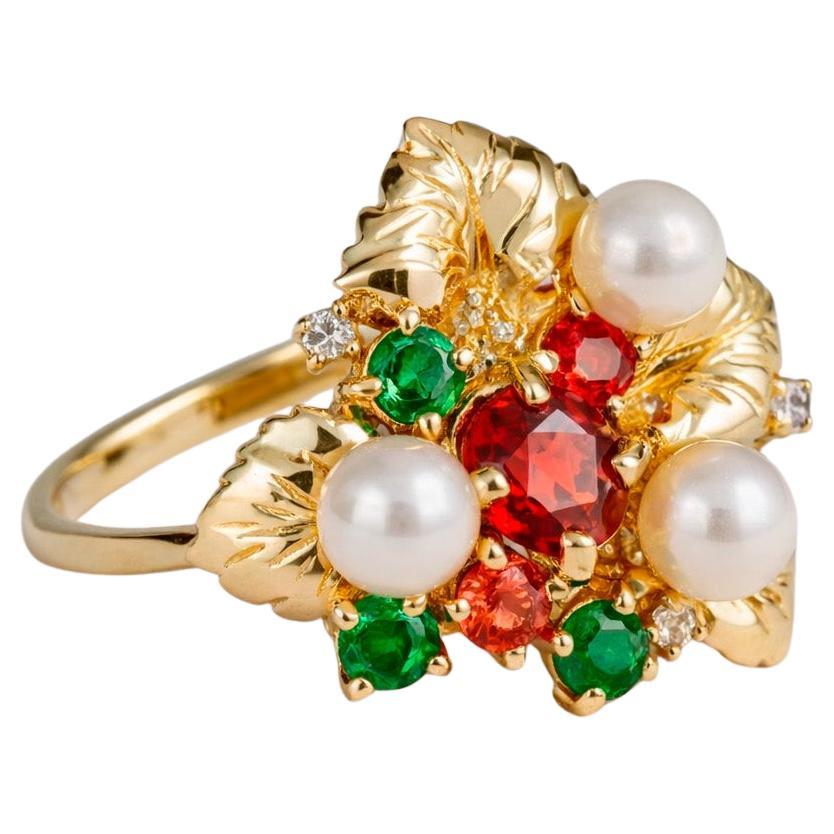 14 Karat Gold Ring mit Saphiren, Diamanten, Smaragden und Perlen, Blumenring