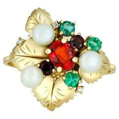 14k Gold Ring with Sapphires, Diamonds, Emeralds and Pearls, Flower Ring