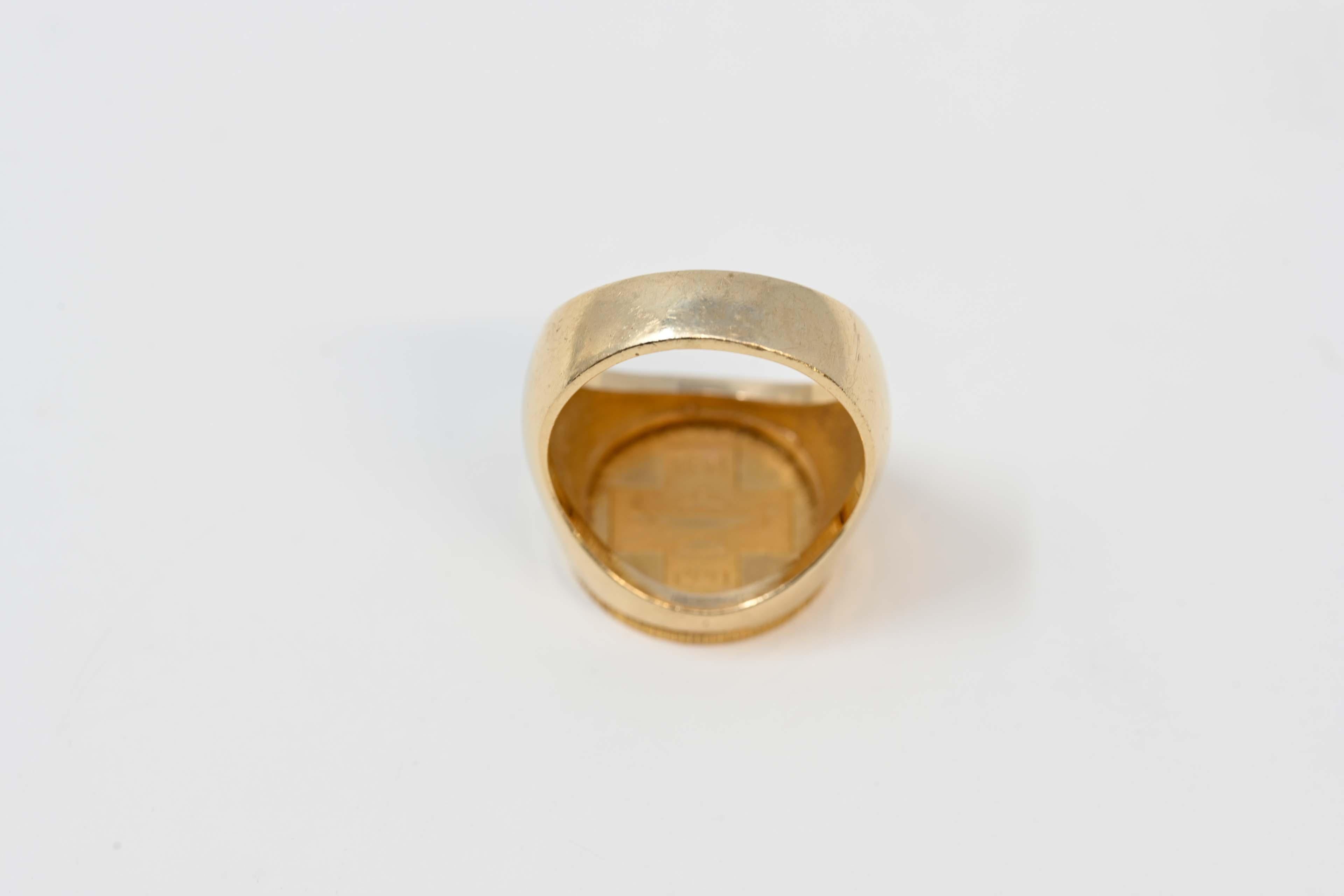 Bague en or 14 carats avec pièce d'or d'Afrique du Sud 1891-1991 en vente 1