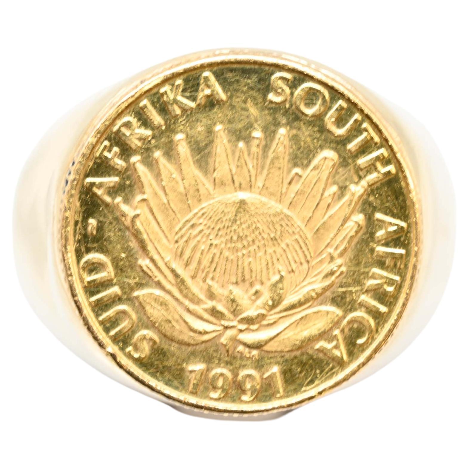 14k Gold Ring with South Africa Gold Coin 1891-1991 For Sale