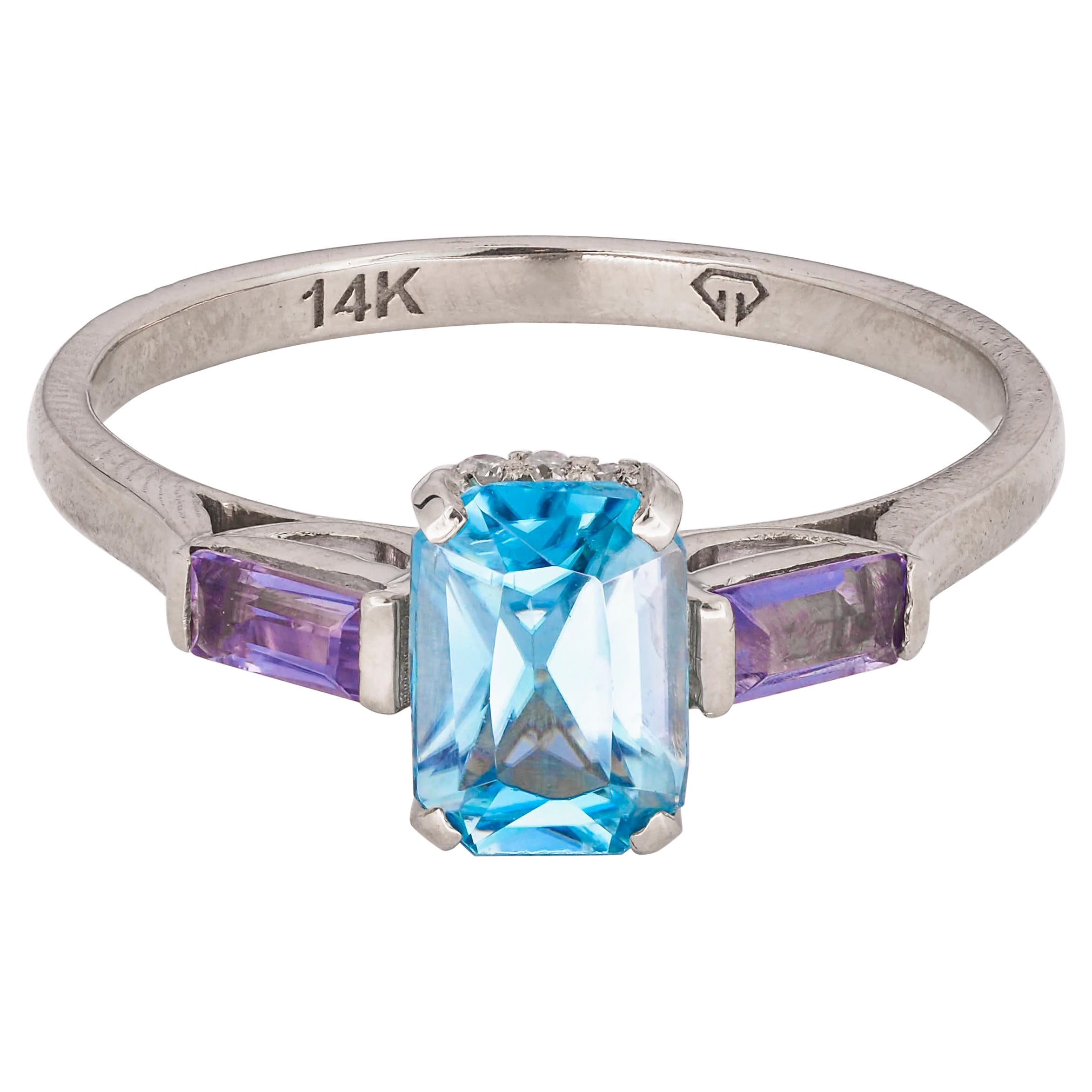 Bague en or 14 carats avec topaze, améthystes et diamants