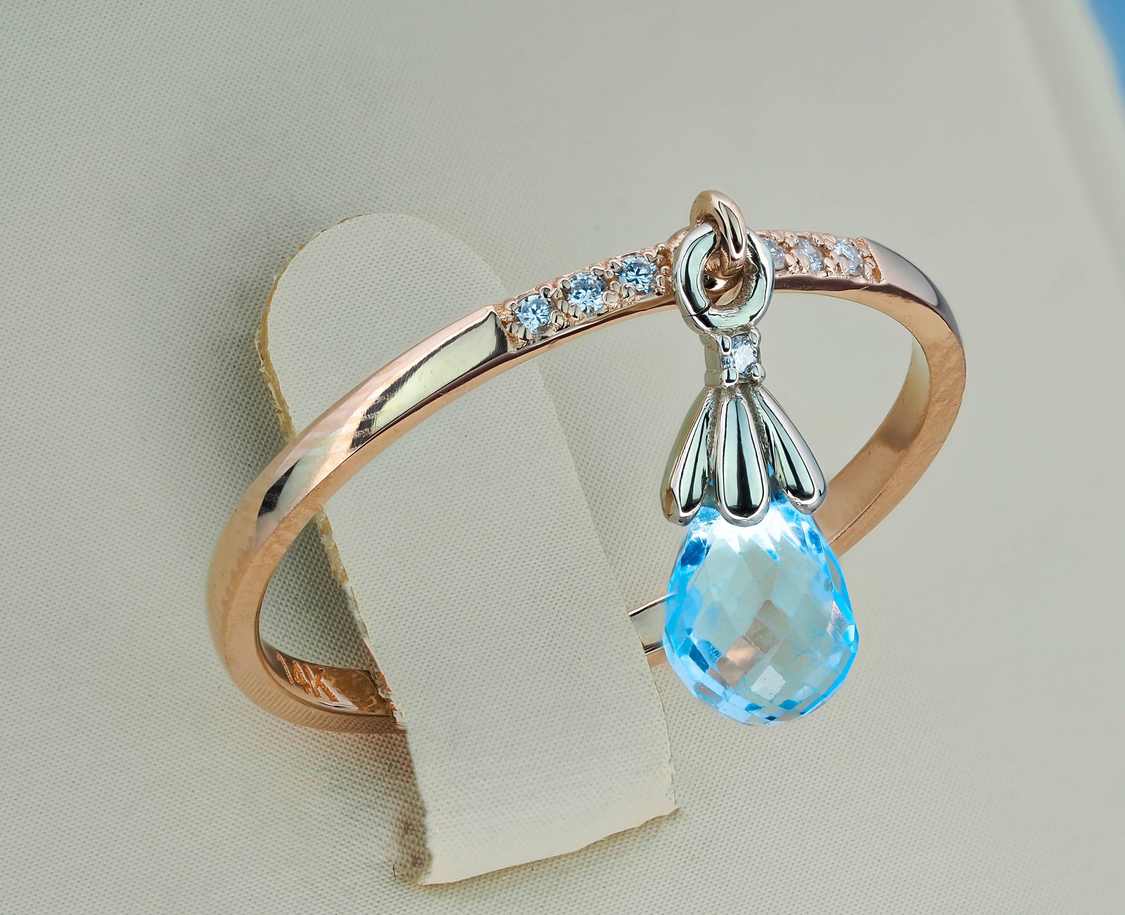 For Sale:  14k Gold Ring with Topaz Briolette and Diamonds 5