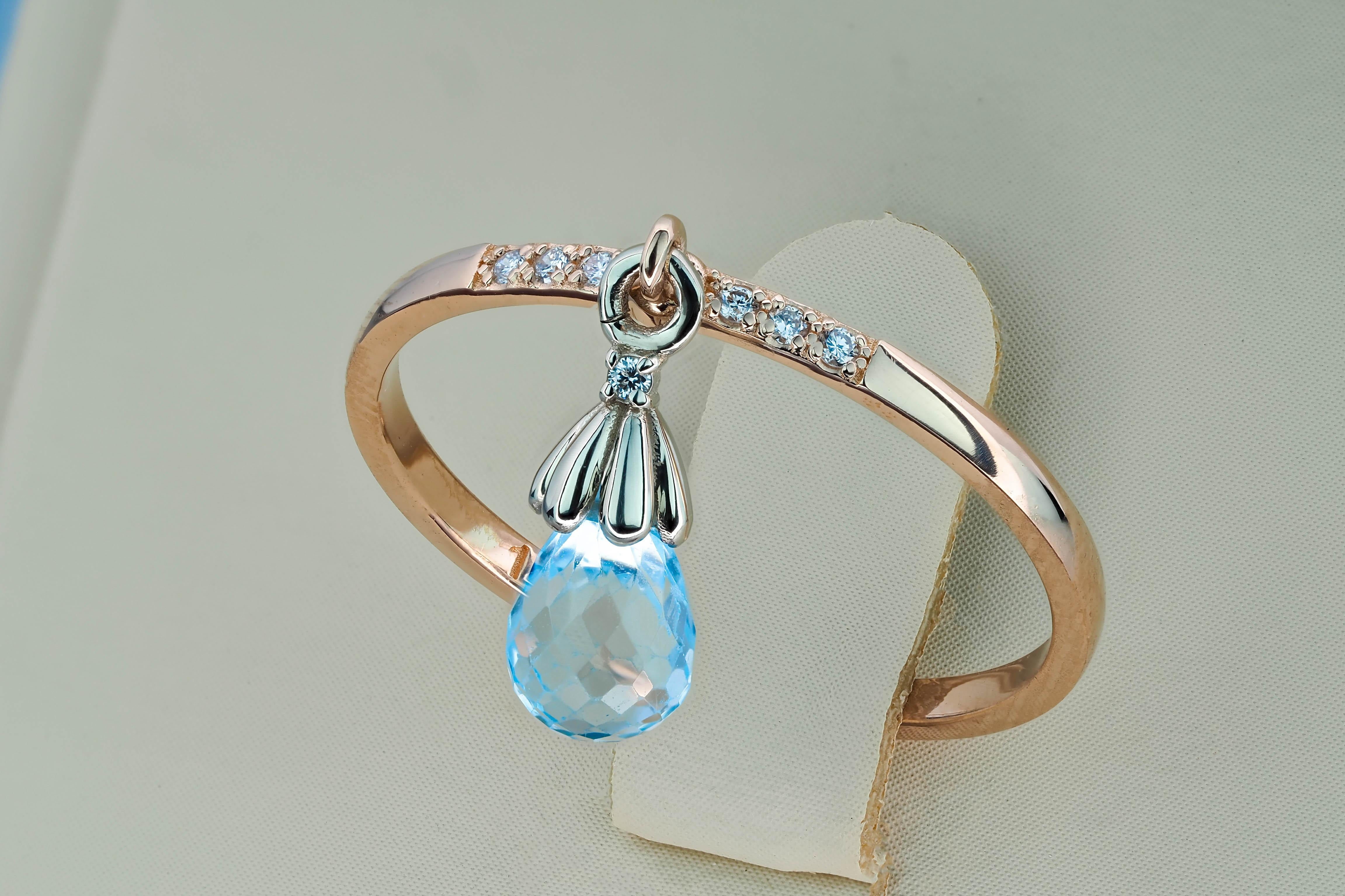For Sale:  14k Gold Ring with Topaz Briolette and Diamonds 6