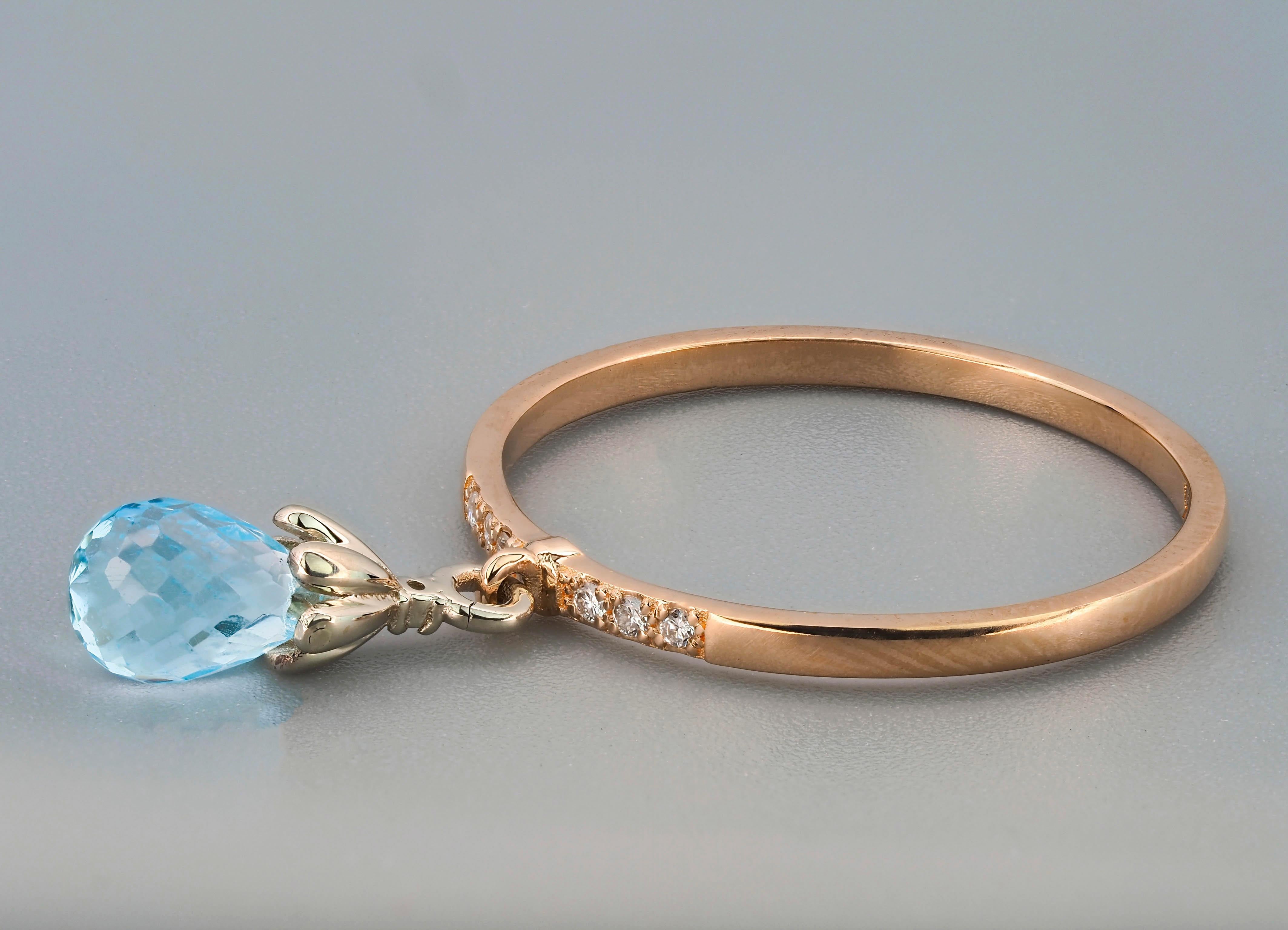 For Sale:  14k Gold Ring with Topaz Briolette and Diamonds 7