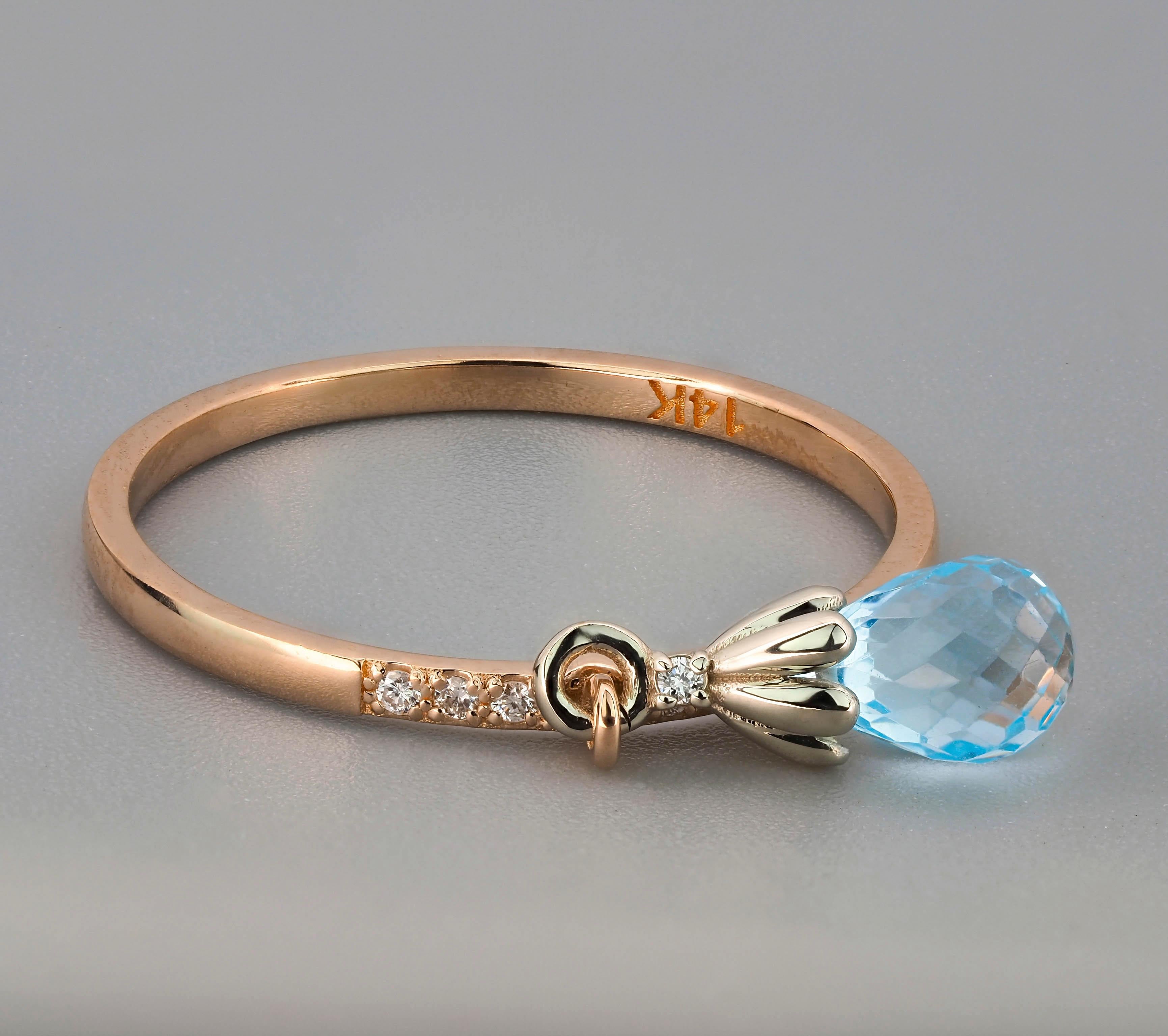 For Sale:  14k Gold Ring with Topaz Briolette and Diamonds 9