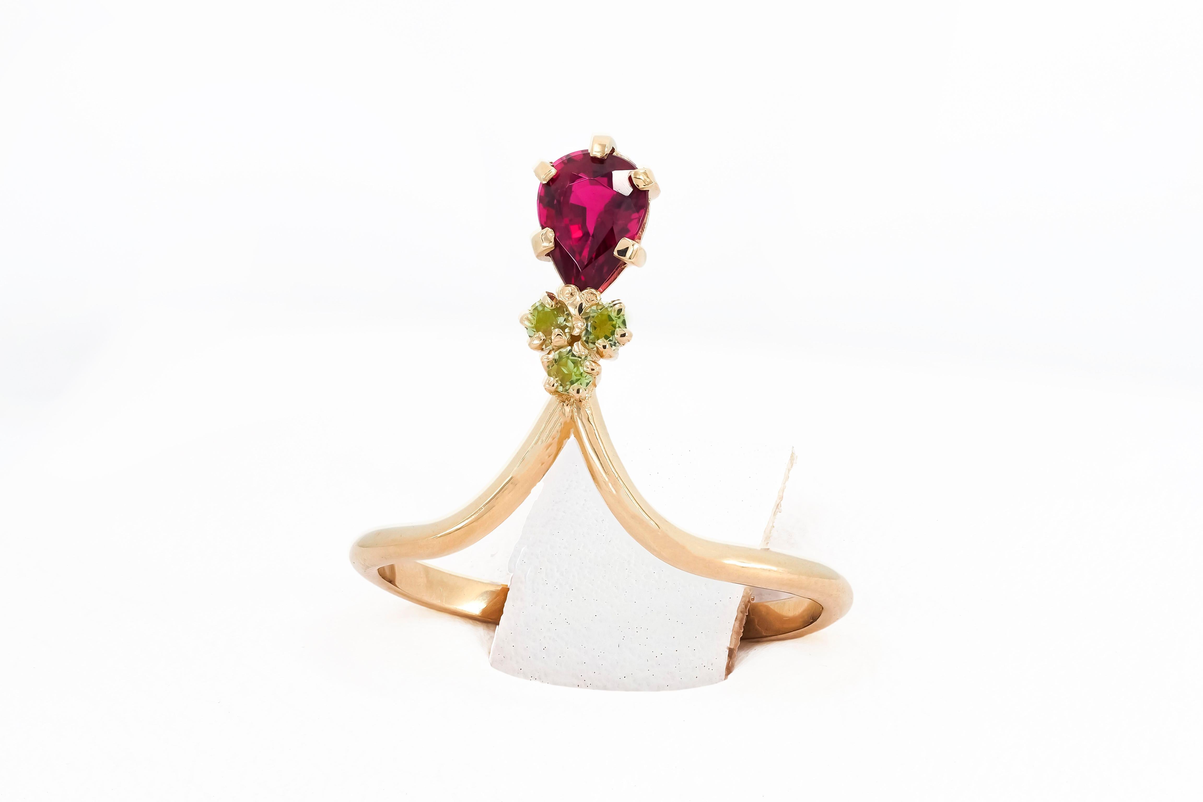 For Sale:  14 Karat Gold Ring with Tourmaline and Tsavorites 3