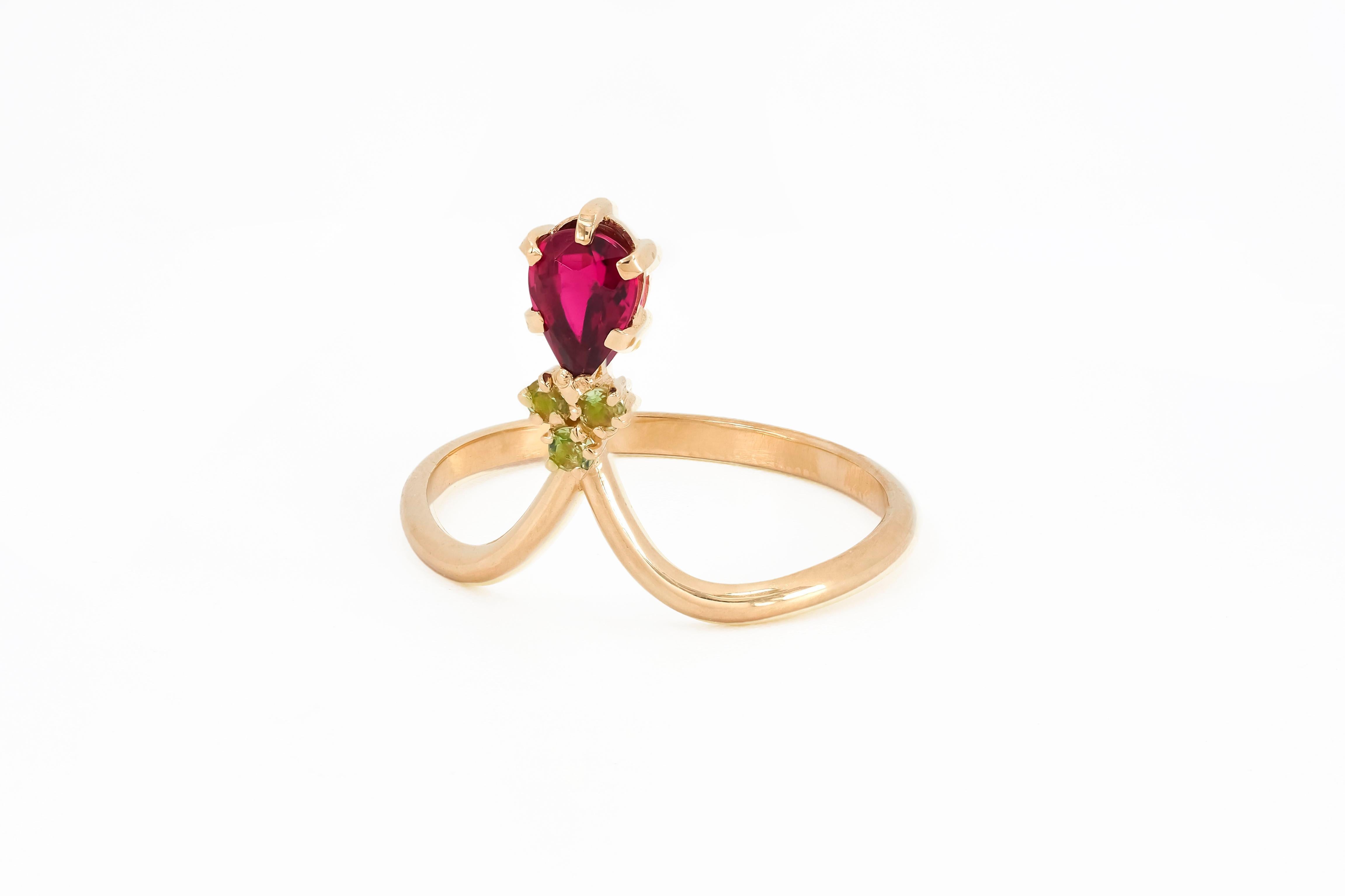 Pear Cut 14k Gold Ring with Tourmaline and Tsavorites