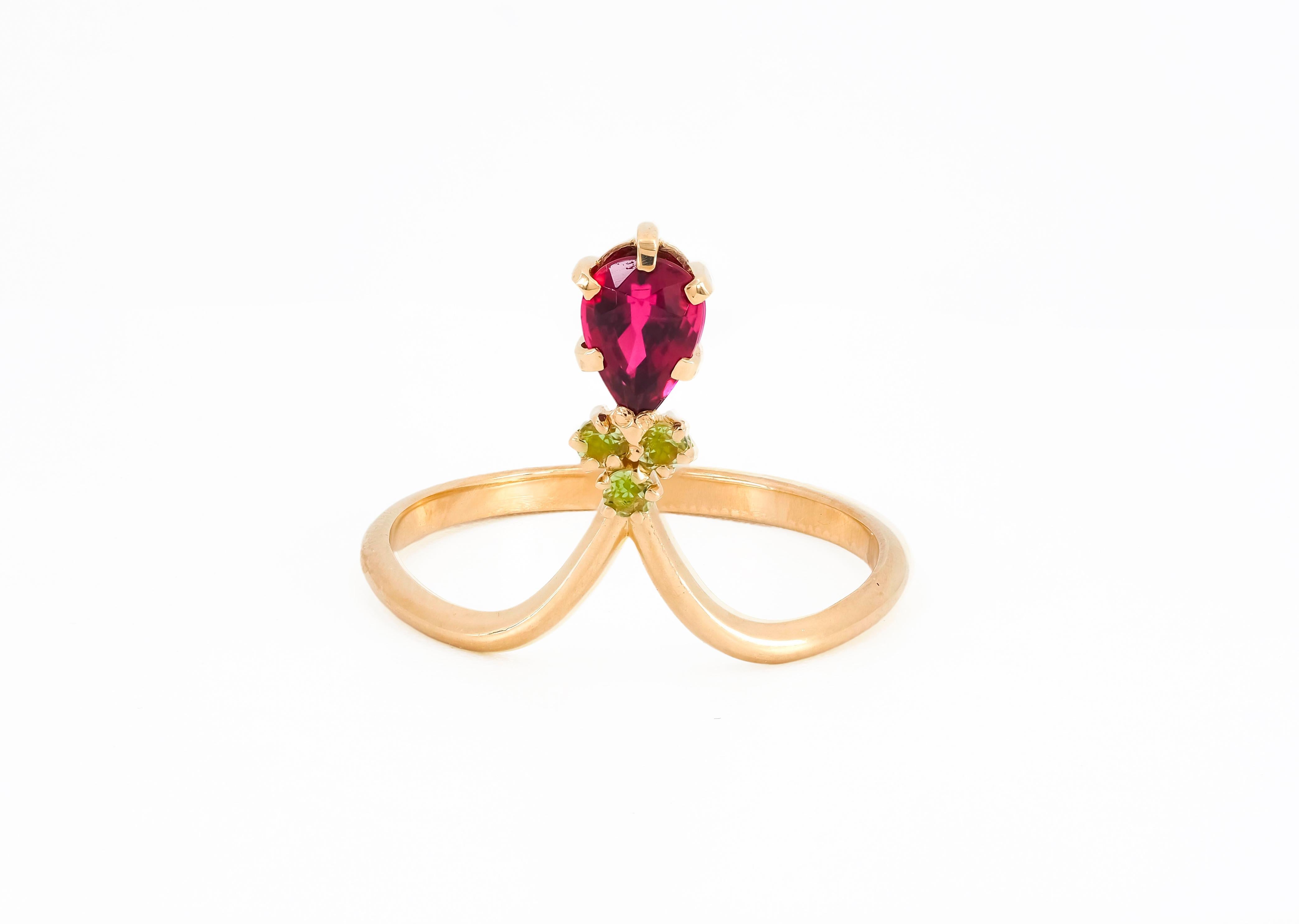 For Sale:  14 Karat Gold Ring with Tourmaline and Tsavorites 5