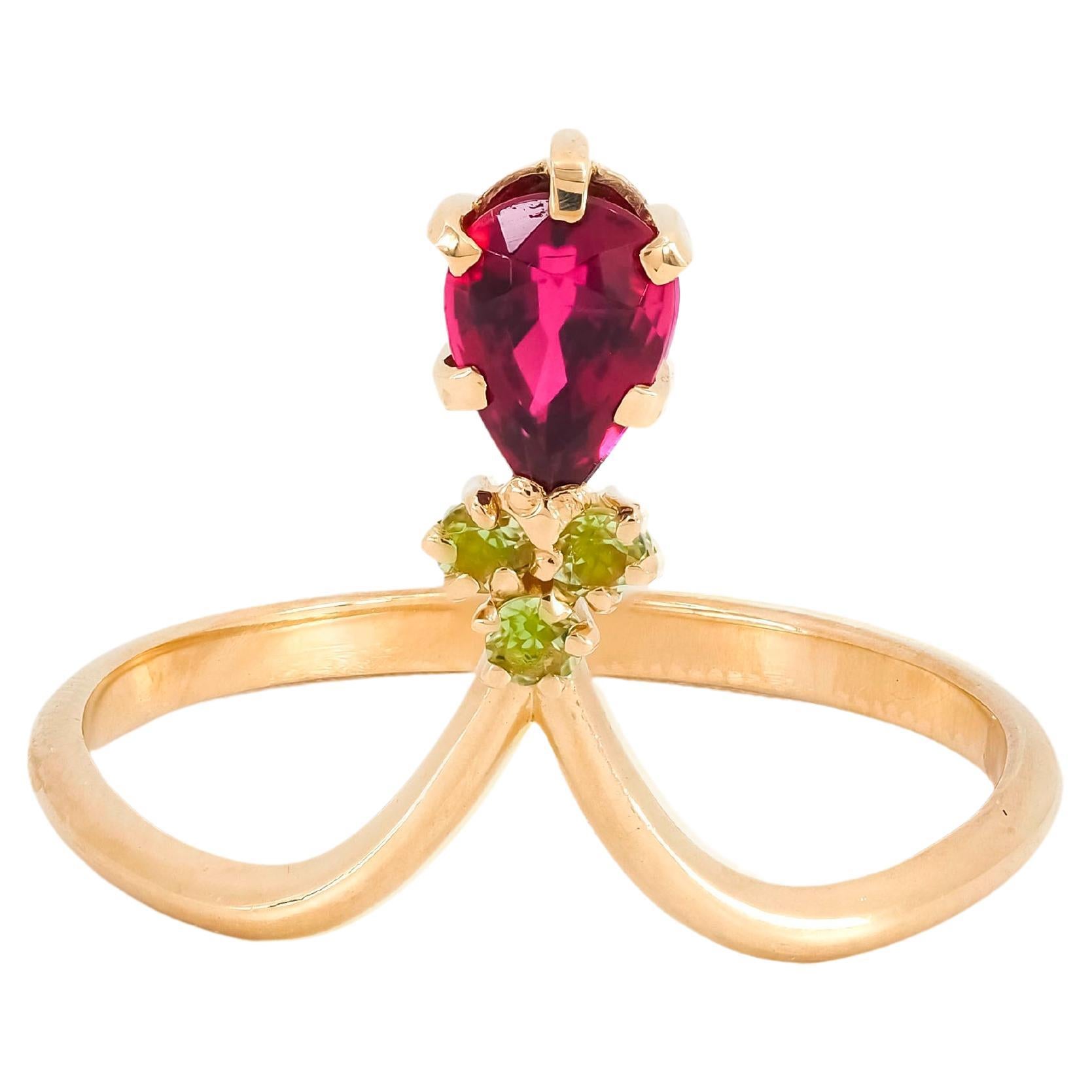 For Sale:  14 Karat Gold Ring with Tourmaline and Tsavorites