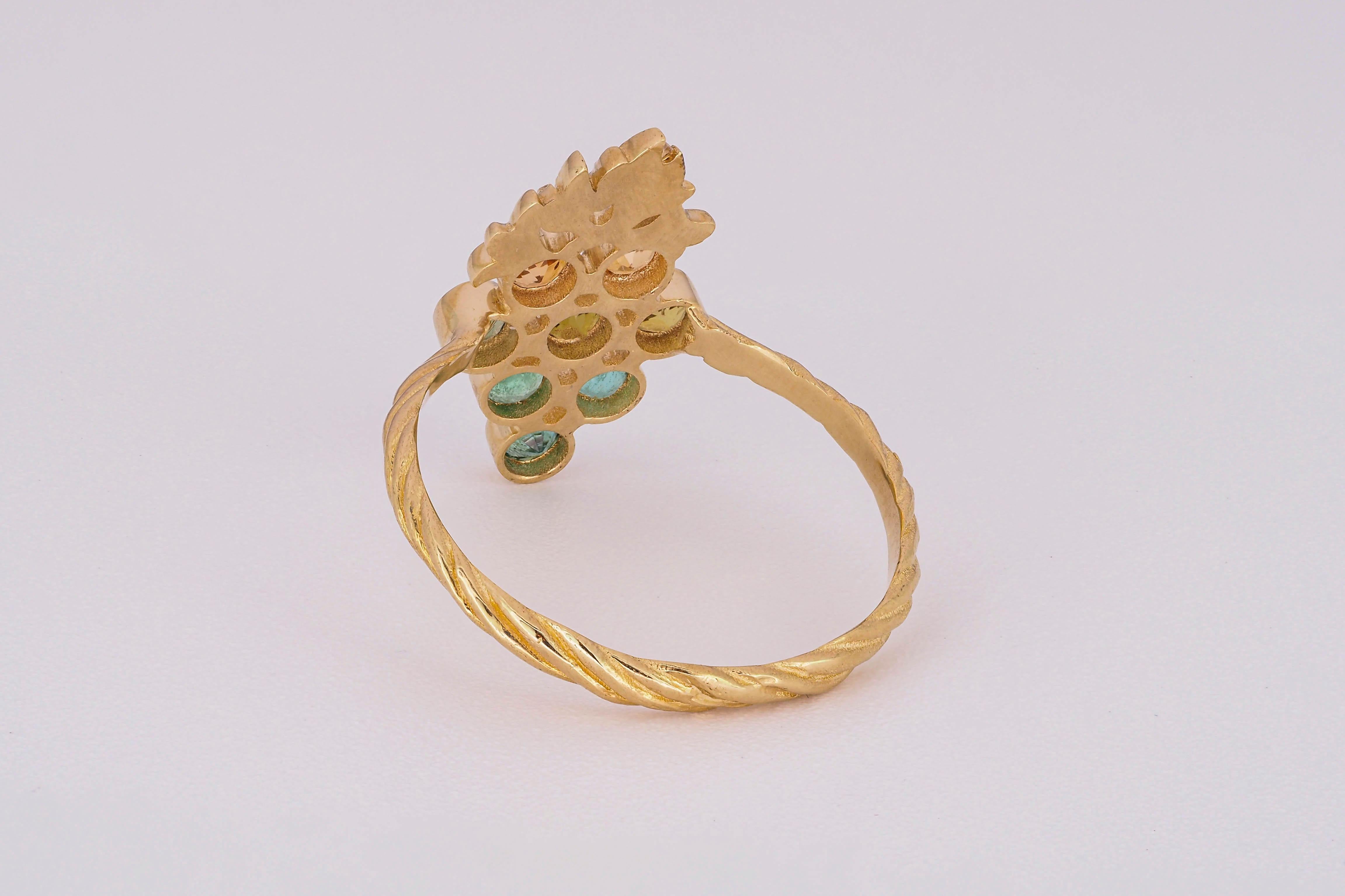For Sale:  14k Gold Ring with Tourmalines, Emeralds and Diamonds, Grape Ring 11