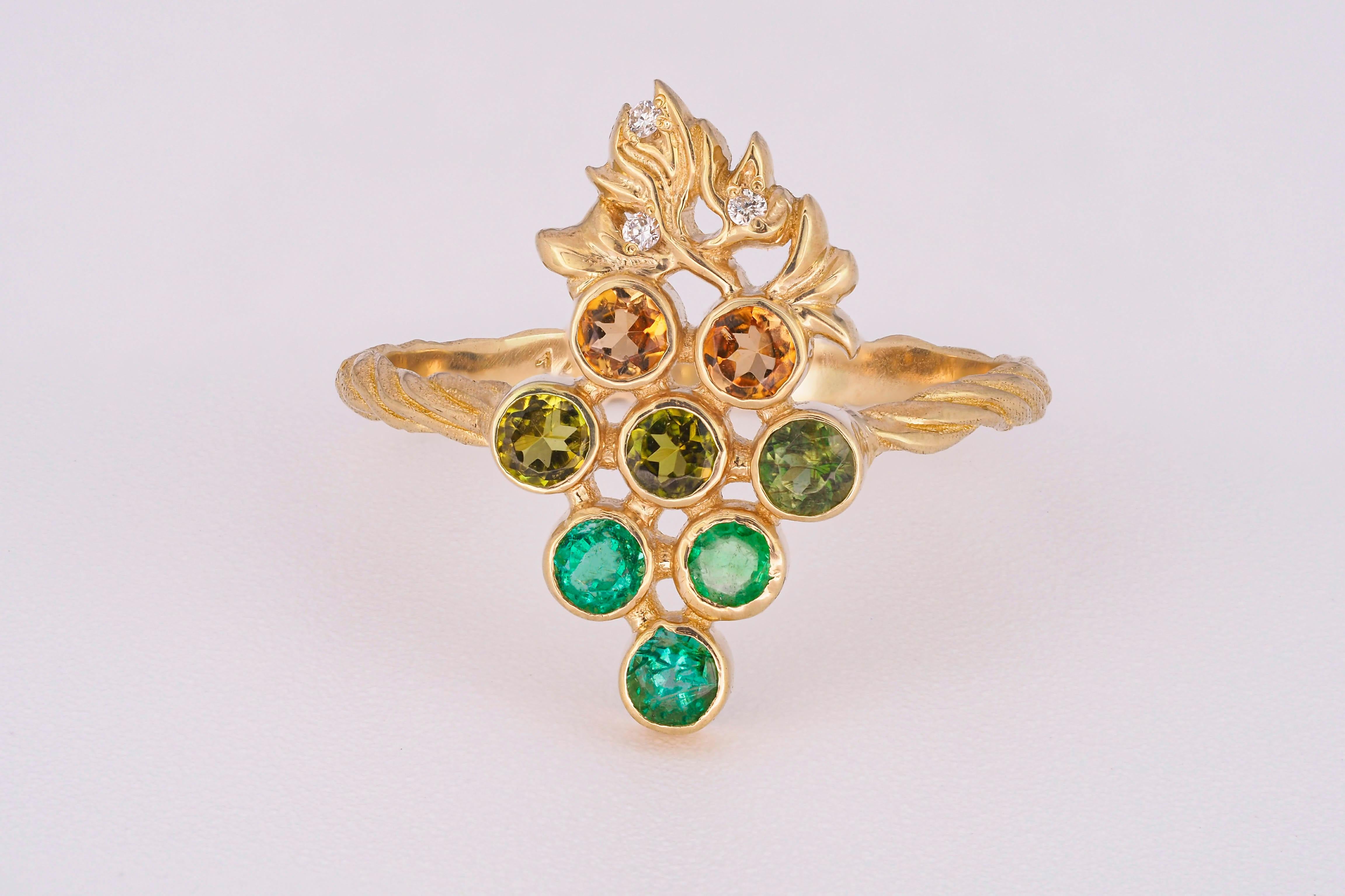 For Sale:  14k Gold Ring with Tourmalines, Emeralds and Diamonds, Grape Ring 12