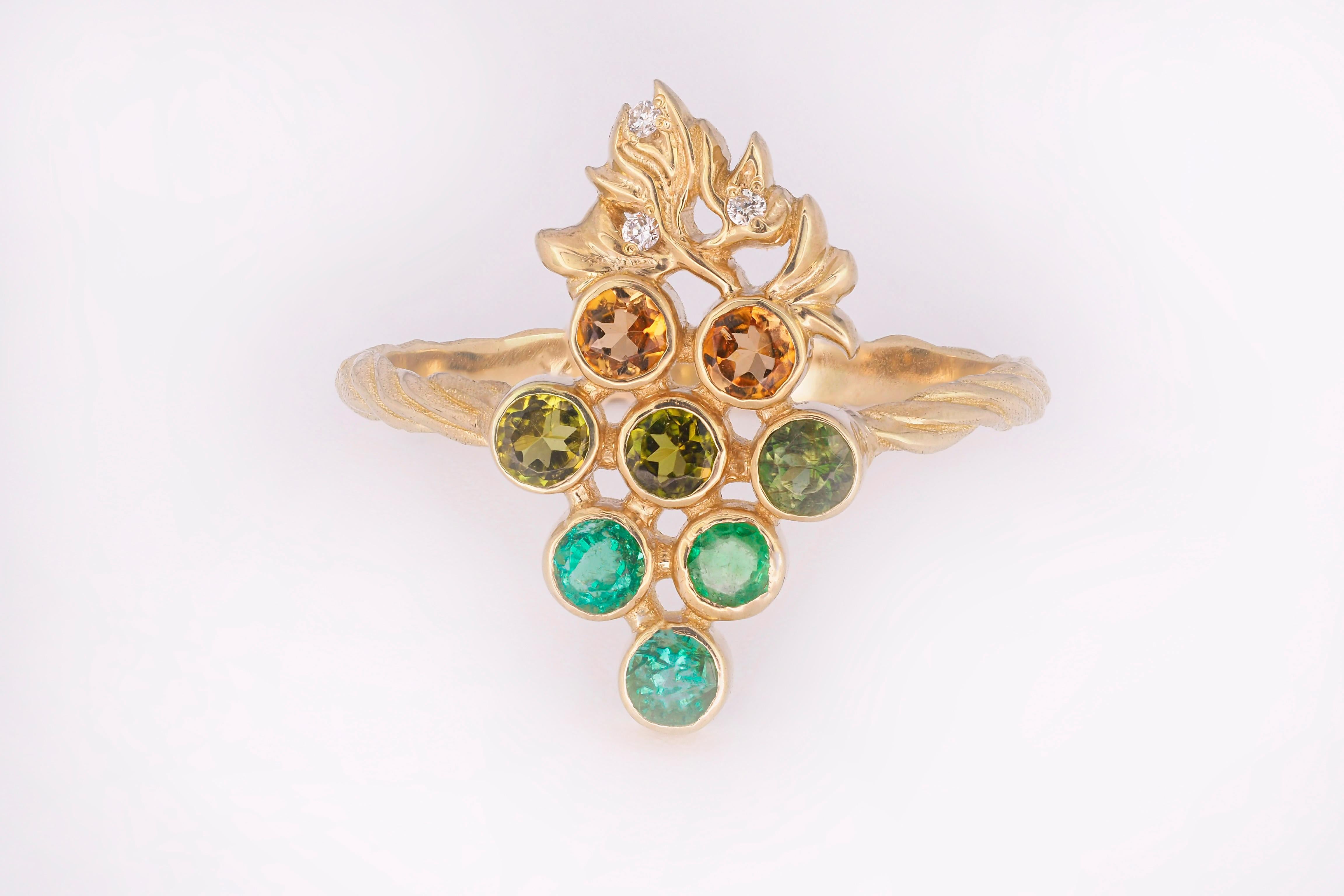 For Sale:  14k Gold Ring with Tourmalines, Emeralds and Diamonds, Grape Ring 13