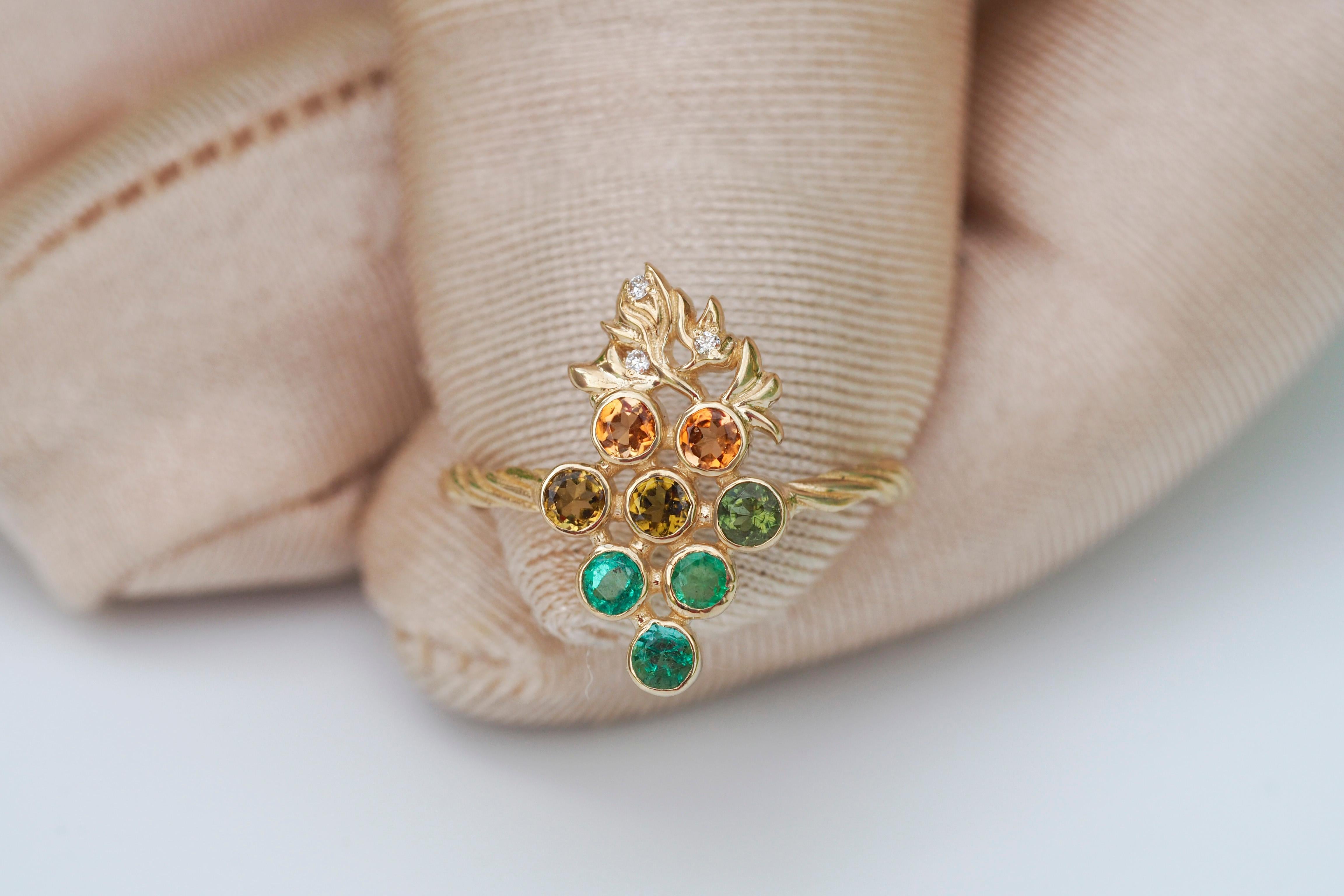 For Sale:  14k Gold Ring with Tourmalines, Emeralds and Diamonds, Grape Ring 15