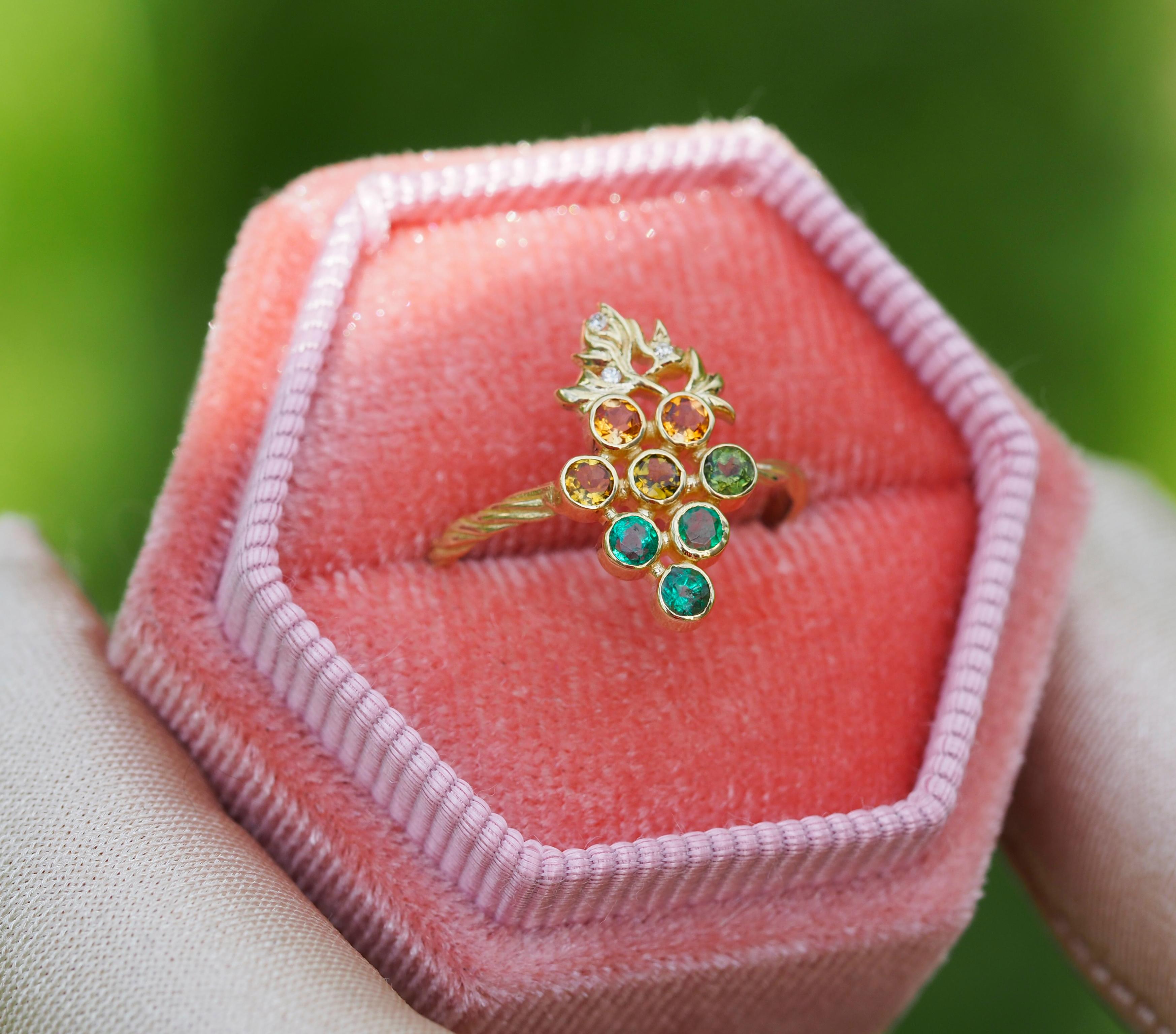 For Sale:  14k Gold Ring with Tourmalines, Emeralds and Diamonds, Grape Ring 16
