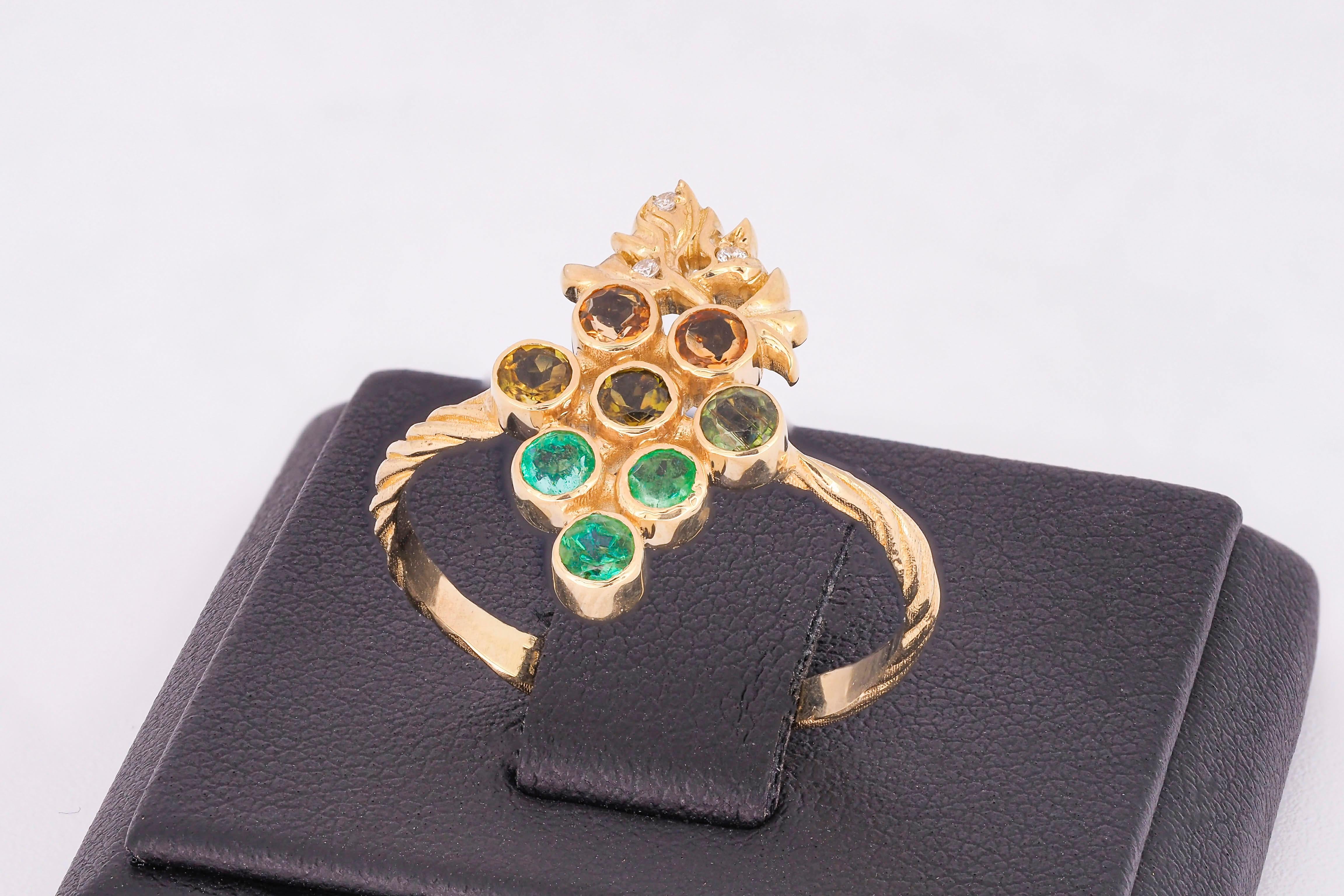 For Sale:  14k Gold Ring with Tourmalines, Emeralds and Diamonds, Grape Ring 3