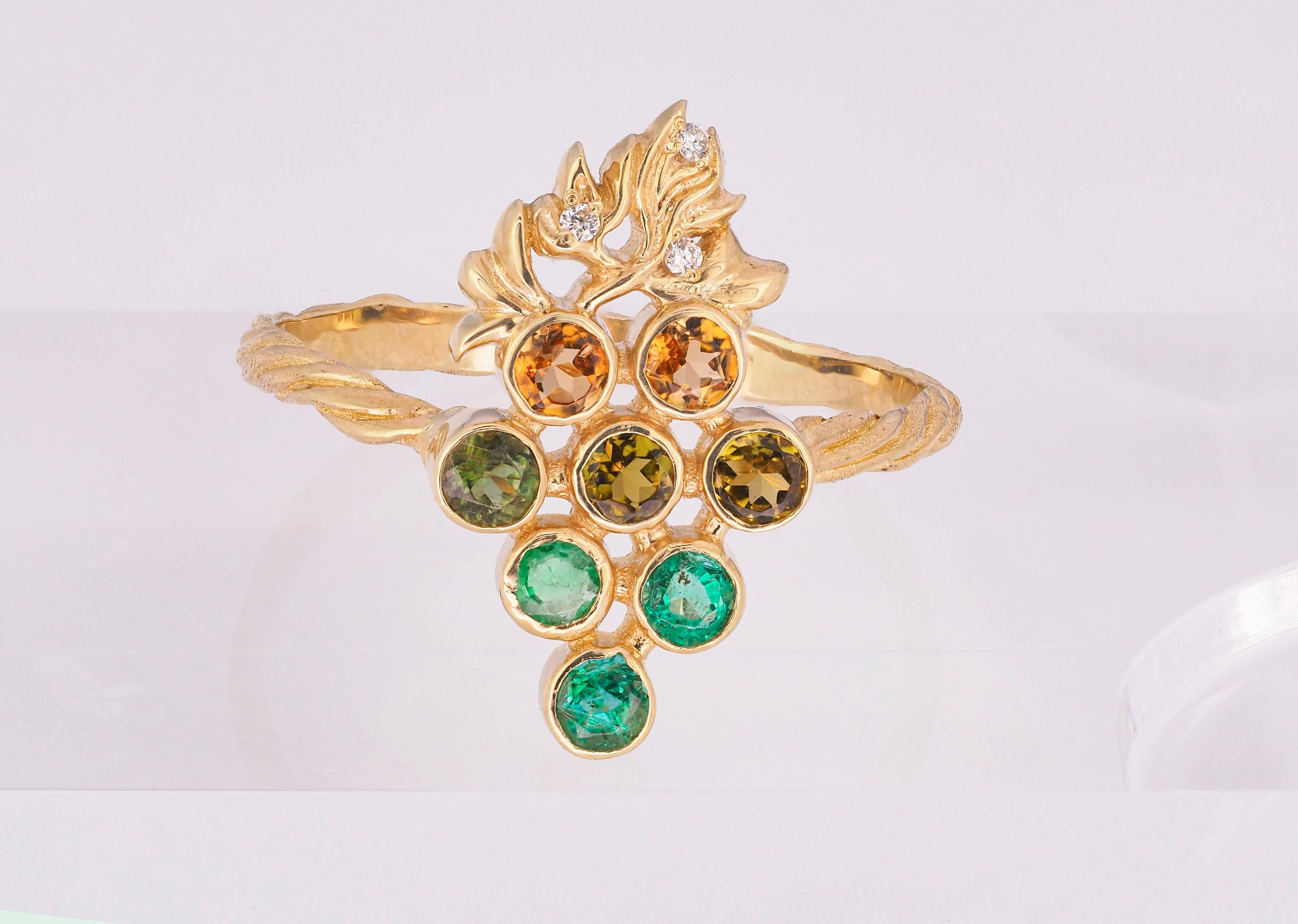 For Sale:  14k Gold Ring with Tourmalines, Emeralds and Diamonds, Grape Ring 4