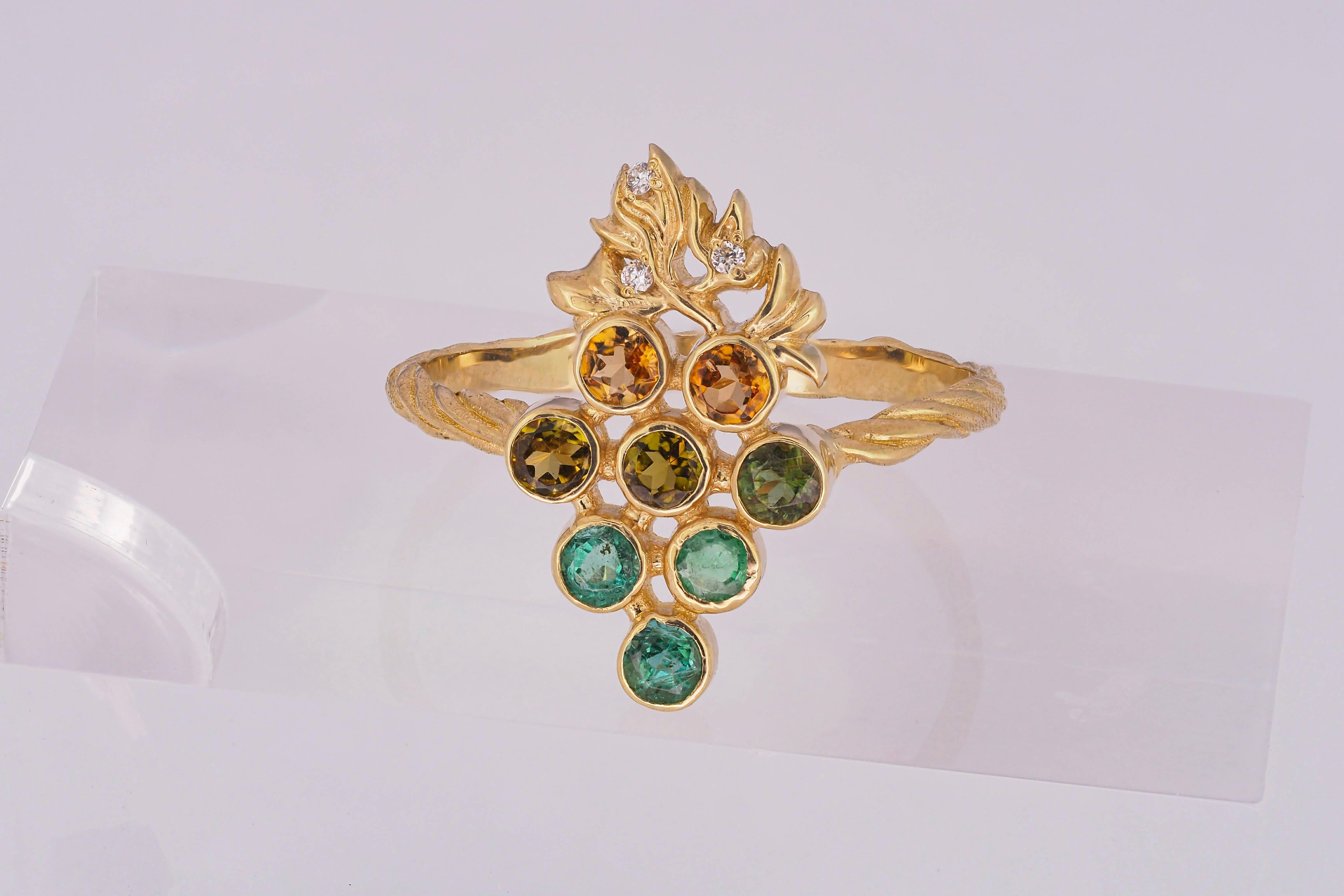 For Sale:  14k Gold Ring with Tourmalines, Emeralds and Diamonds, Grape Ring 5