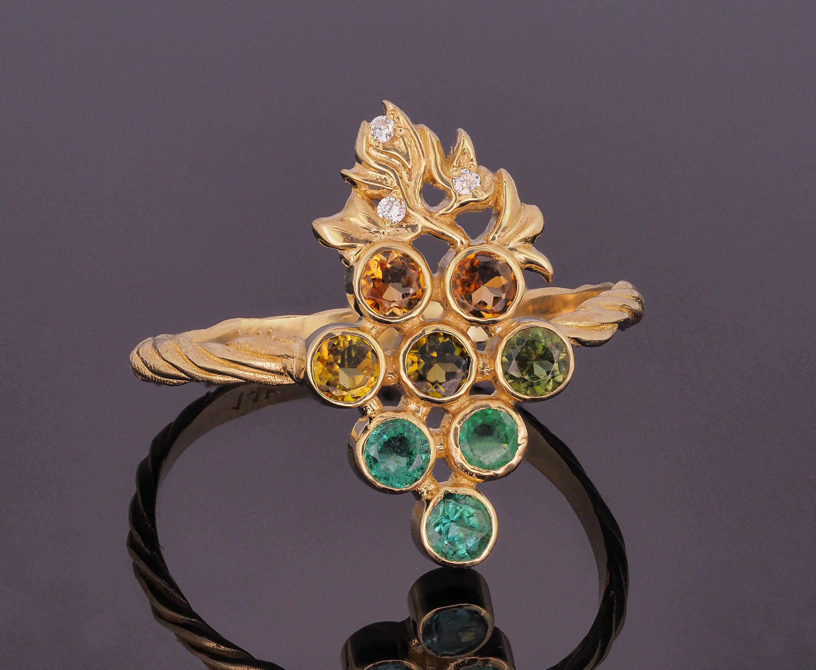 For Sale:  14k Gold Ring with Tourmalines, Emeralds and Diamonds, Grape Ring 6