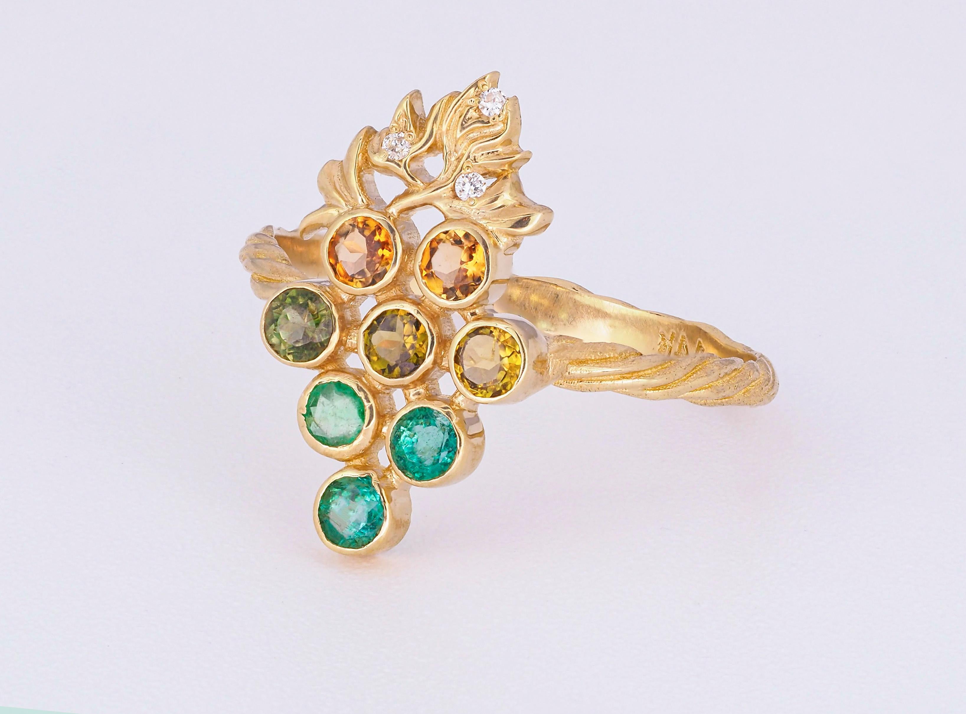 For Sale:  14k Gold Ring with Tourmalines, Emeralds and Diamonds, Grape Ring 7