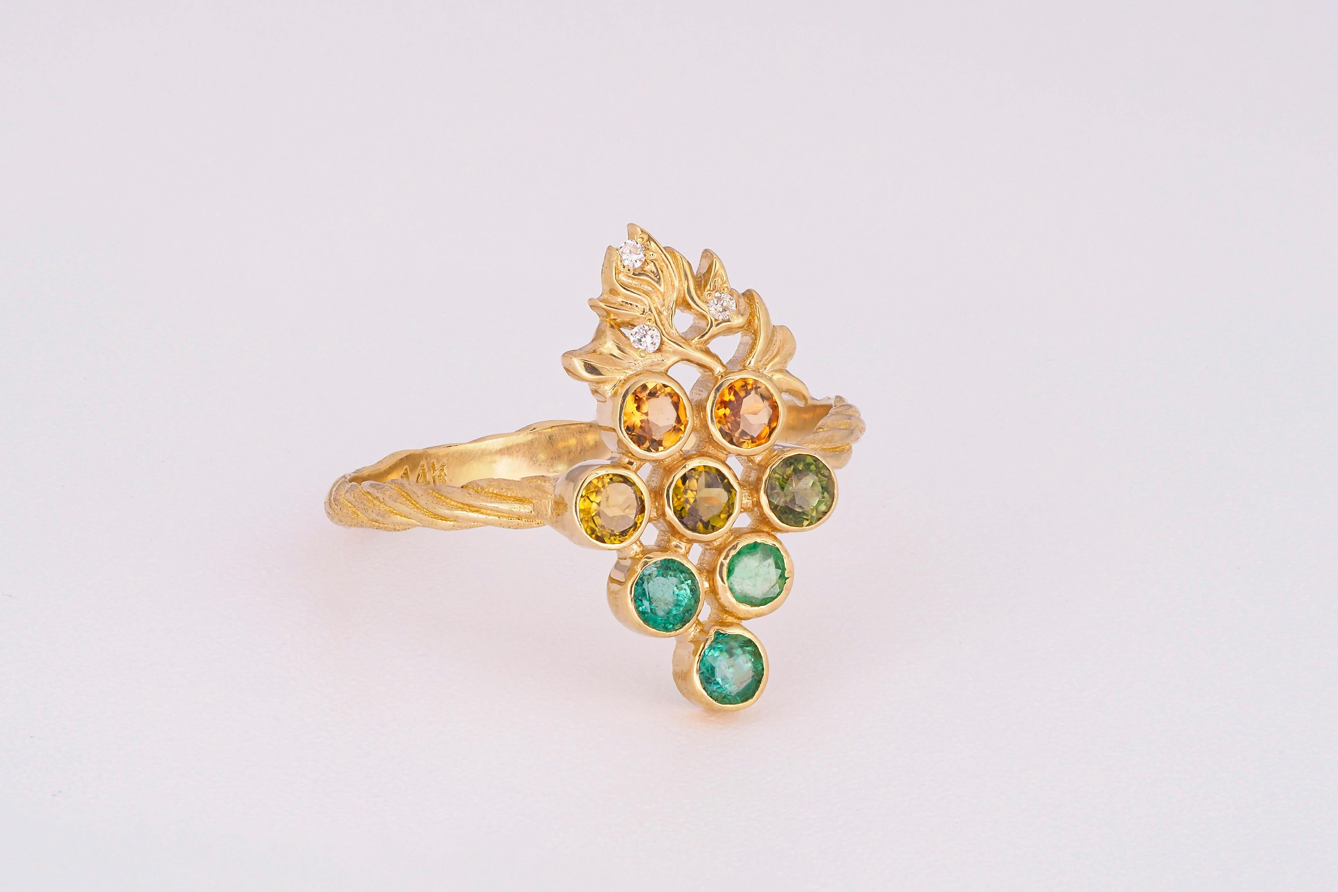 For Sale:  14k Gold Ring with Tourmalines, Emeralds and Diamonds, Grape Ring 9