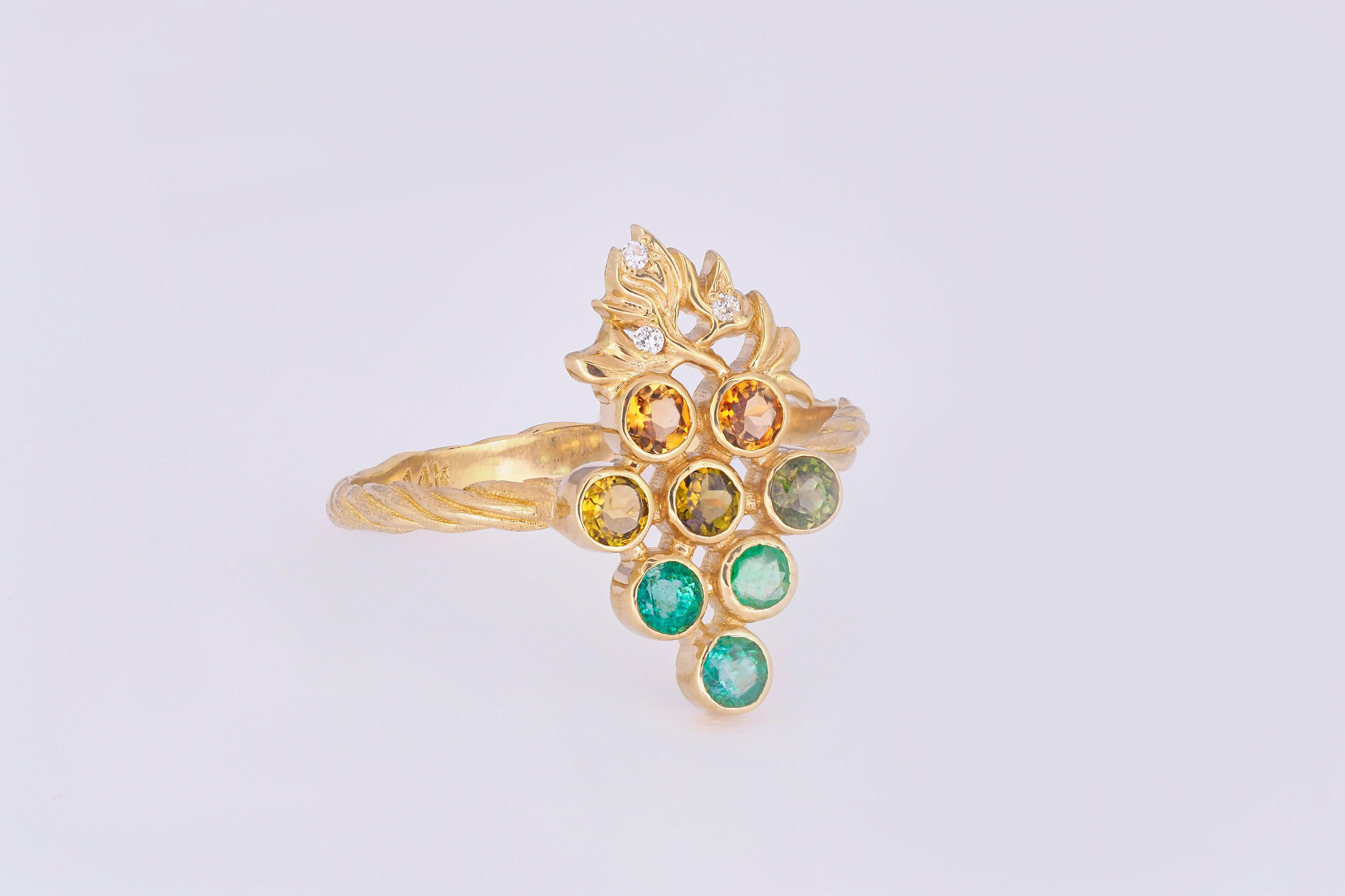 For Sale:  14k Gold Ring with Tourmalines, Emeralds and Diamonds, Grape Ring 10