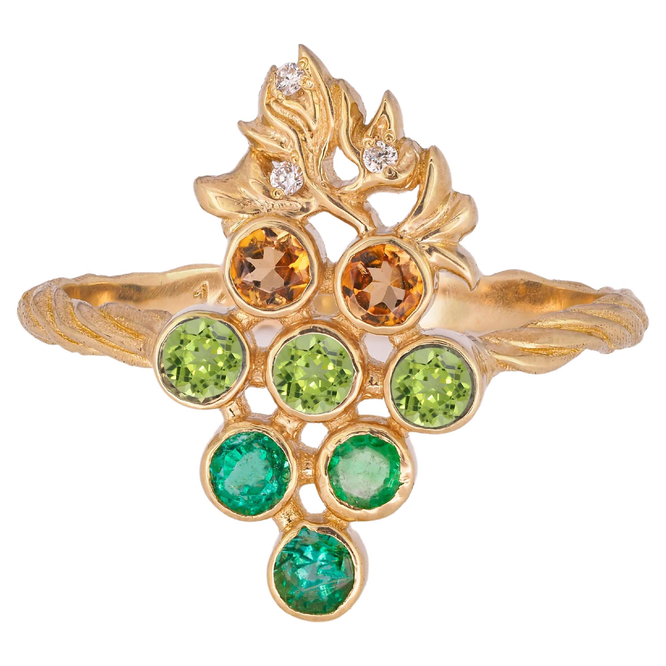 For Sale:  14k Gold Ring with Tourmalines, Emeralds and Diamonds, Grape Ring