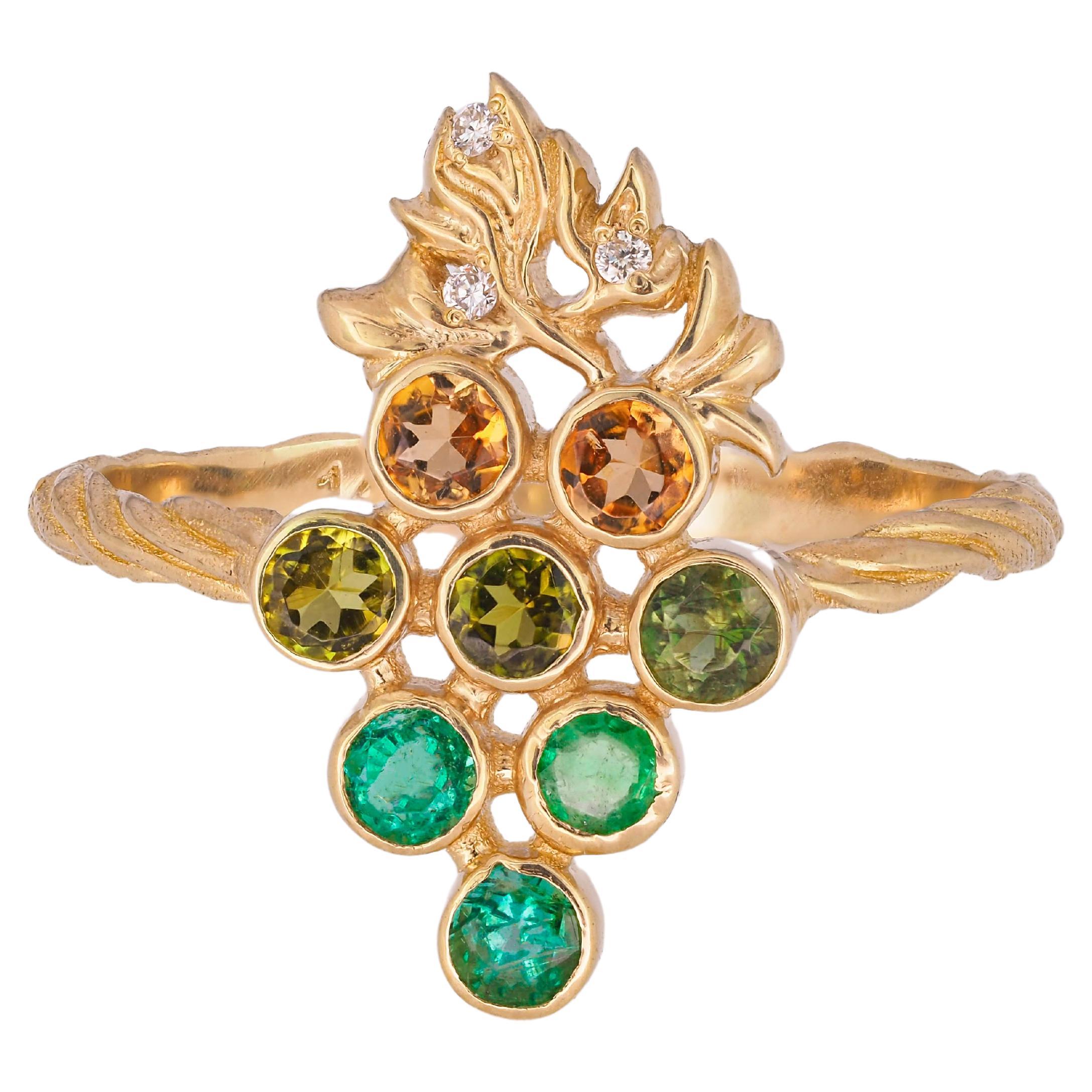 14k Gold Ring with Tsavorites, Grape Leaves Ring For Sale at 1stDibs