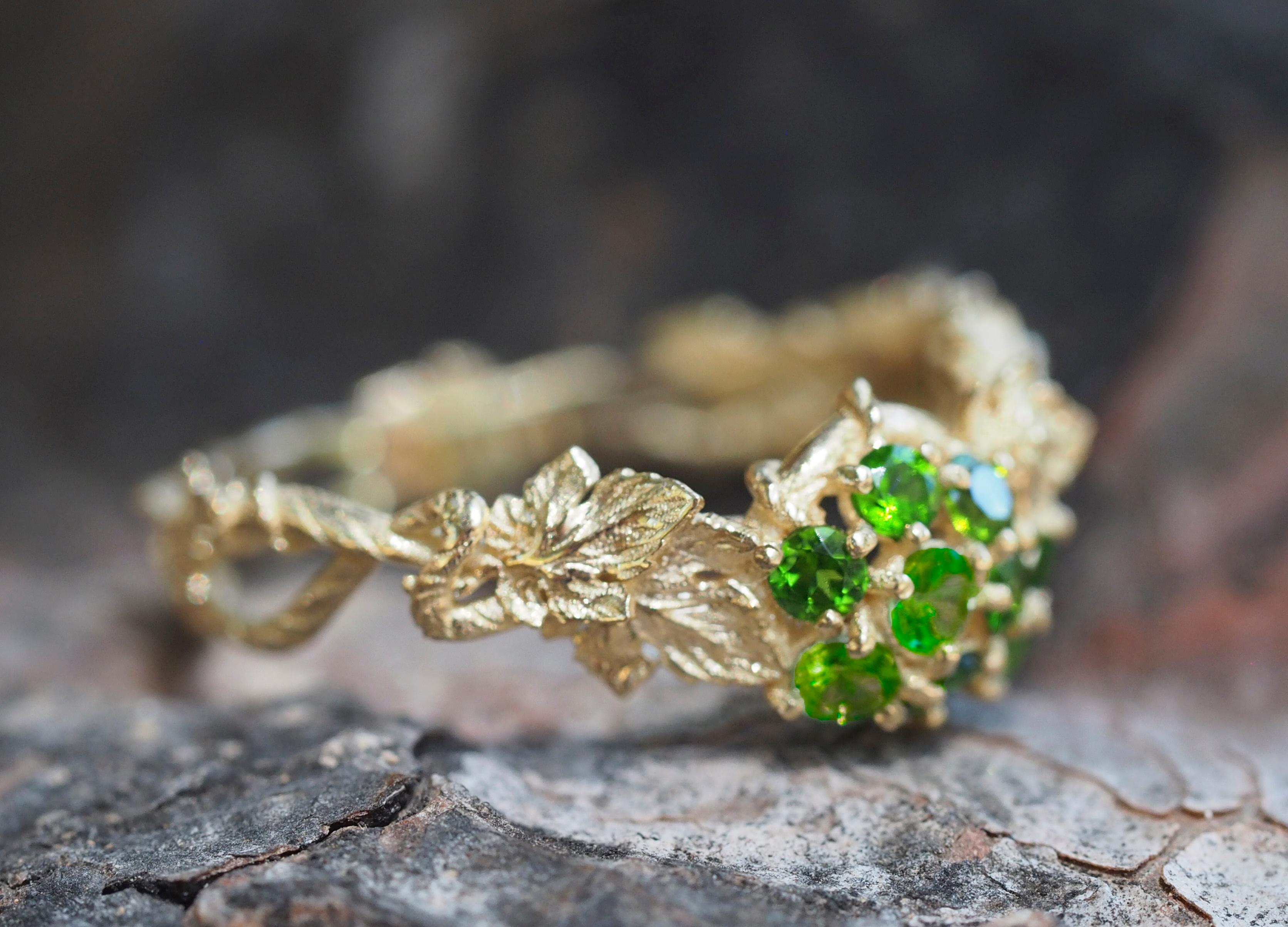 For Sale:  14k Gold Ring with Tsavorites, Grape Leaves Ring 11