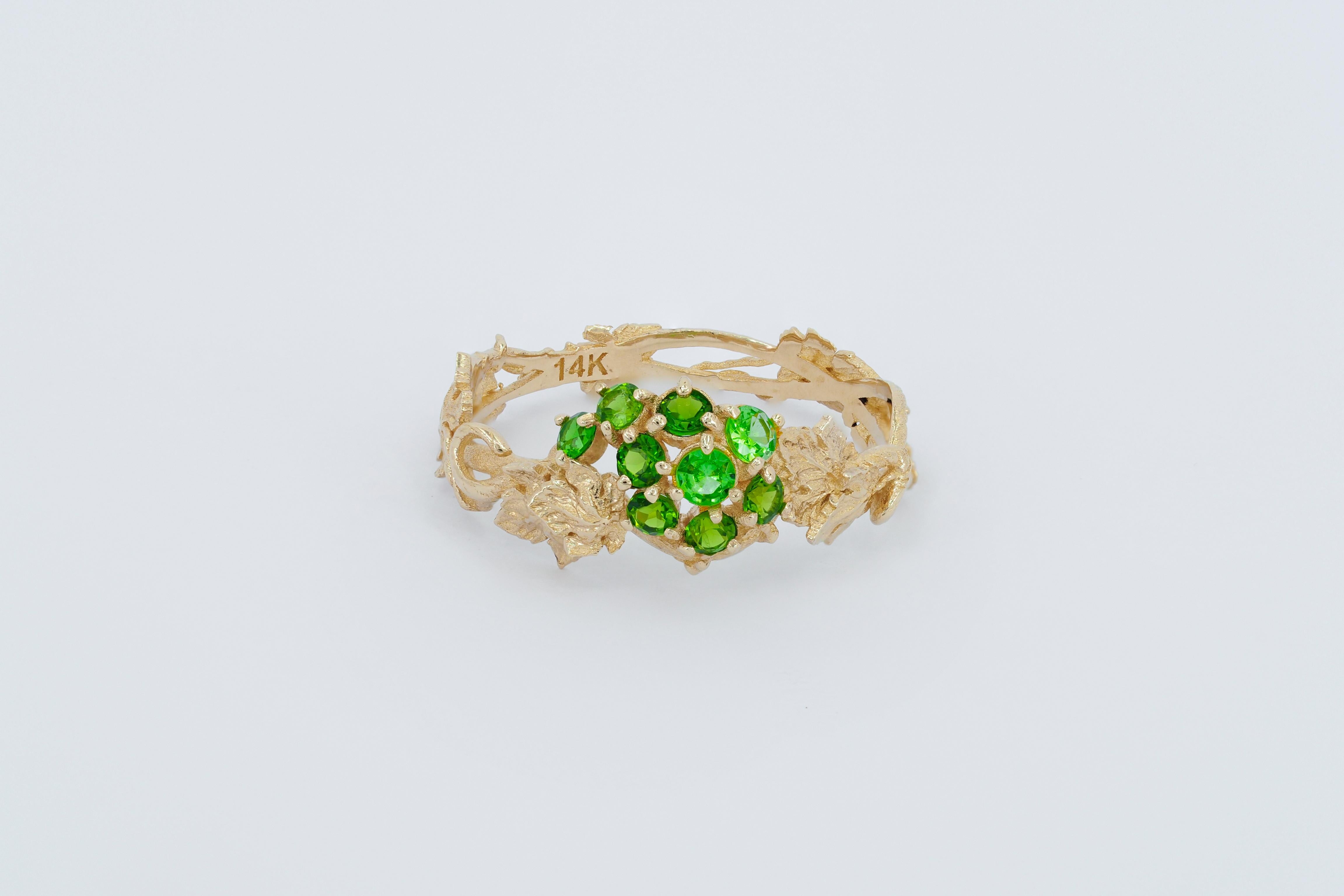 For Sale:  14k Gold Ring with Tsavorites, Grape Leaves Ring 2