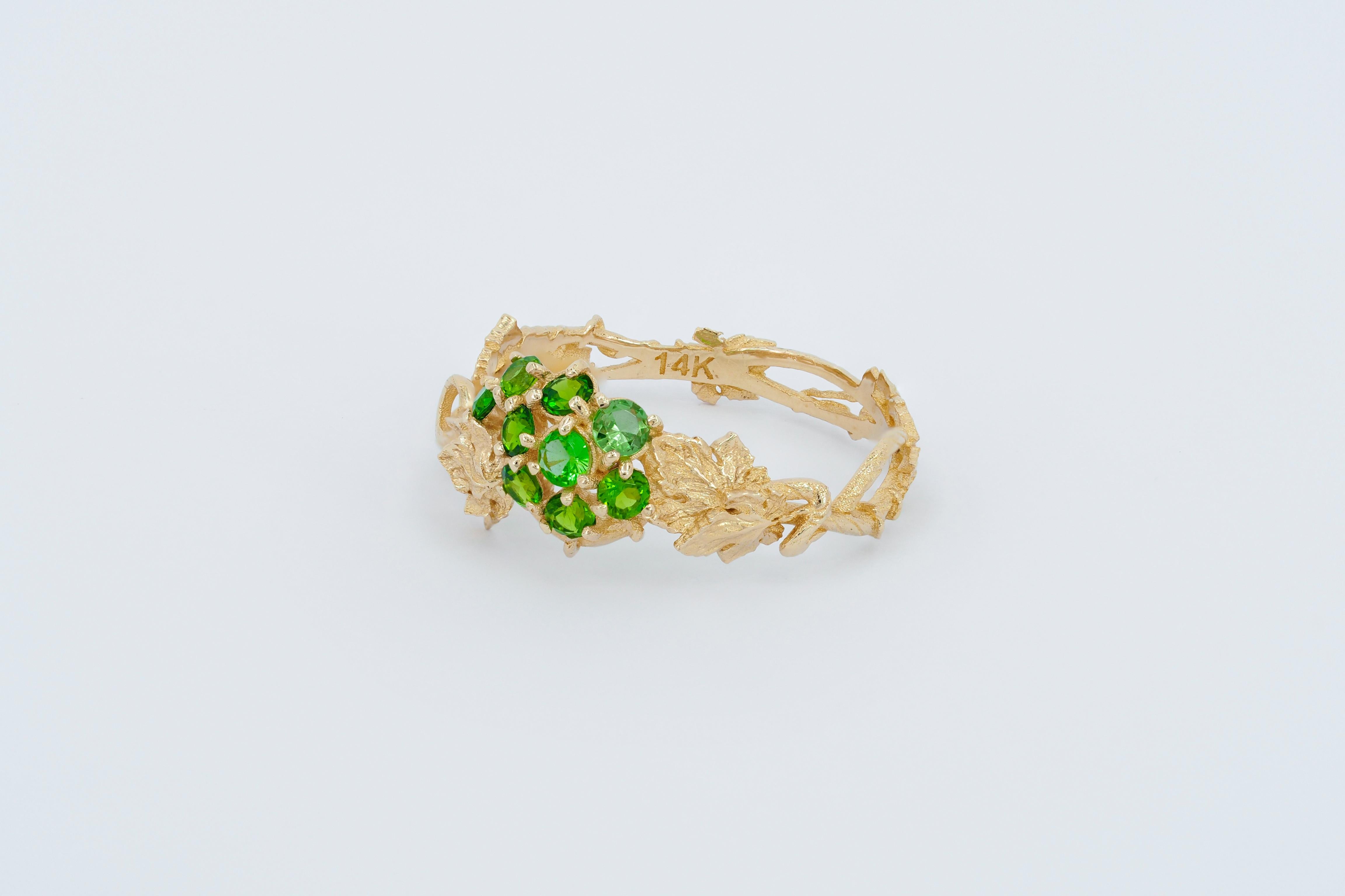 For Sale:  14k Gold Ring with Tsavorites, Grape Leaves Ring 4