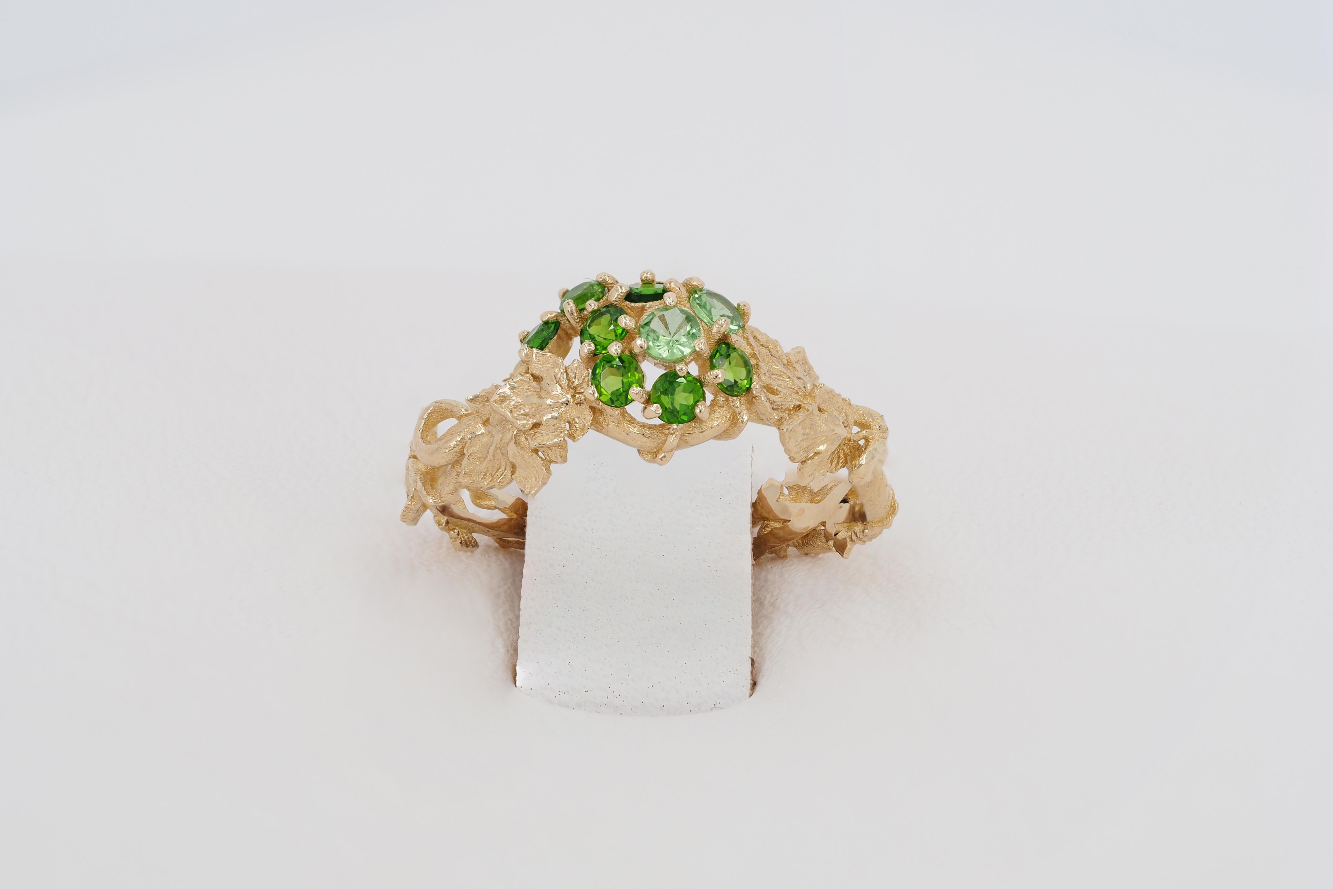 For Sale:  14k Gold Ring with Tsavorites, Grape Leaves Ring 5