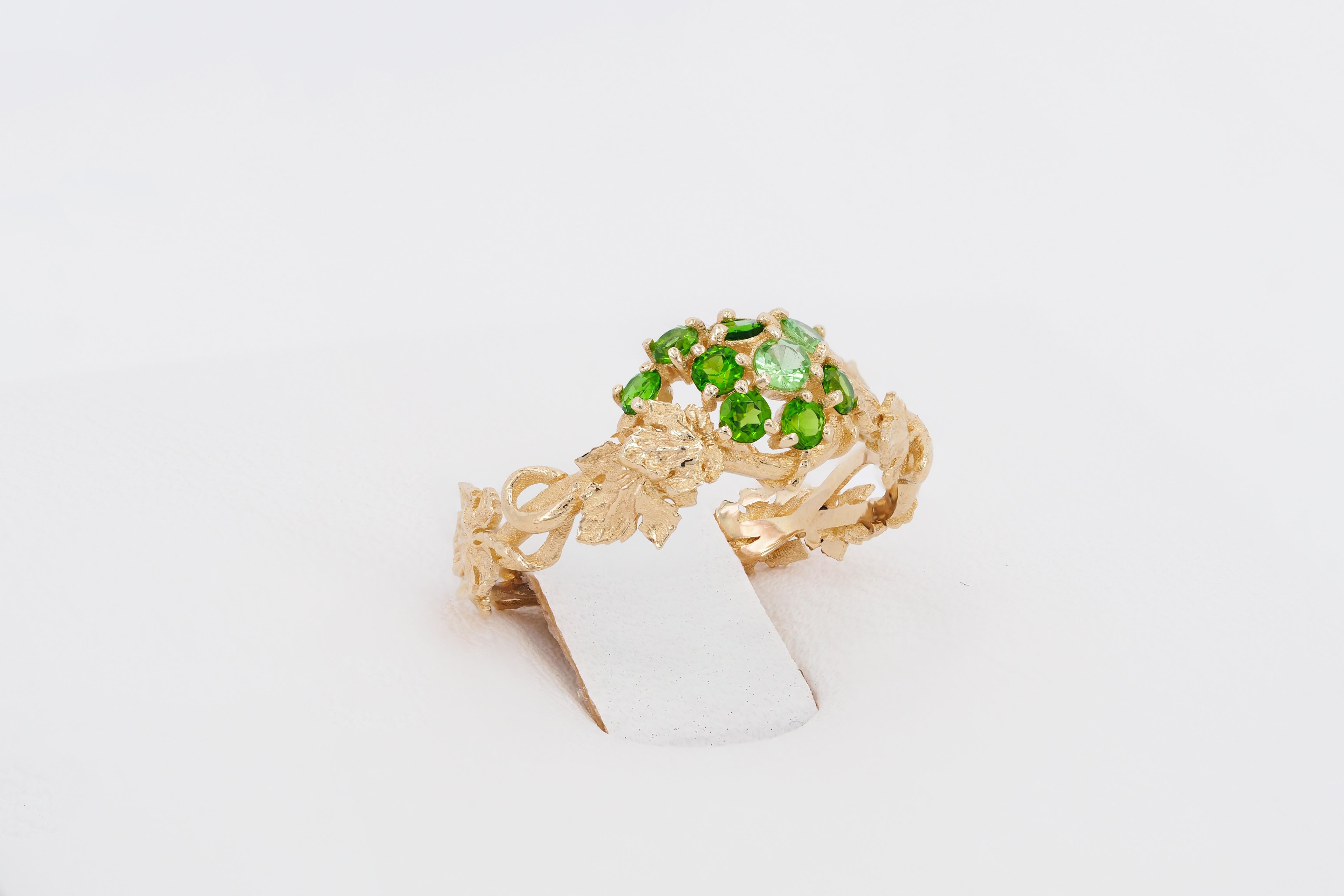 For Sale:  14k Gold Ring with Tsavorites, Grape Leaves Ring 6
