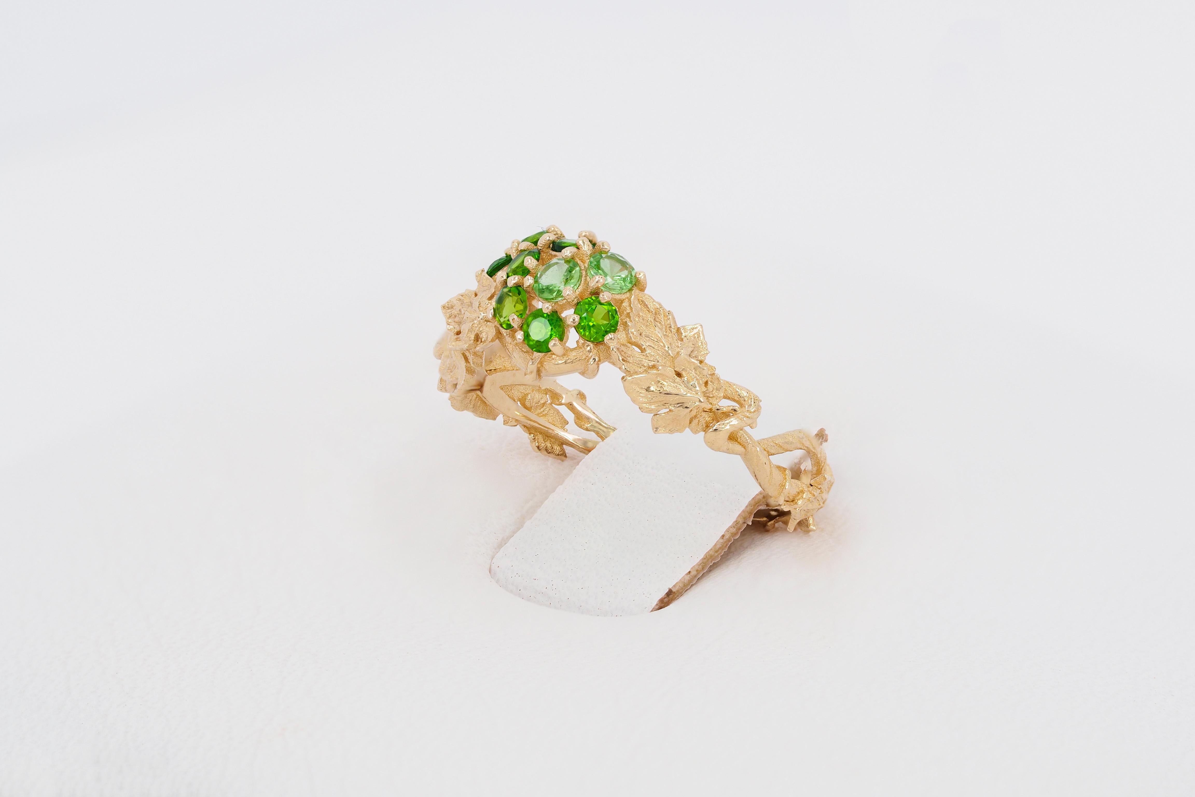 For Sale:  14k Gold Ring with Tsavorites, Grape Leaves Ring 7