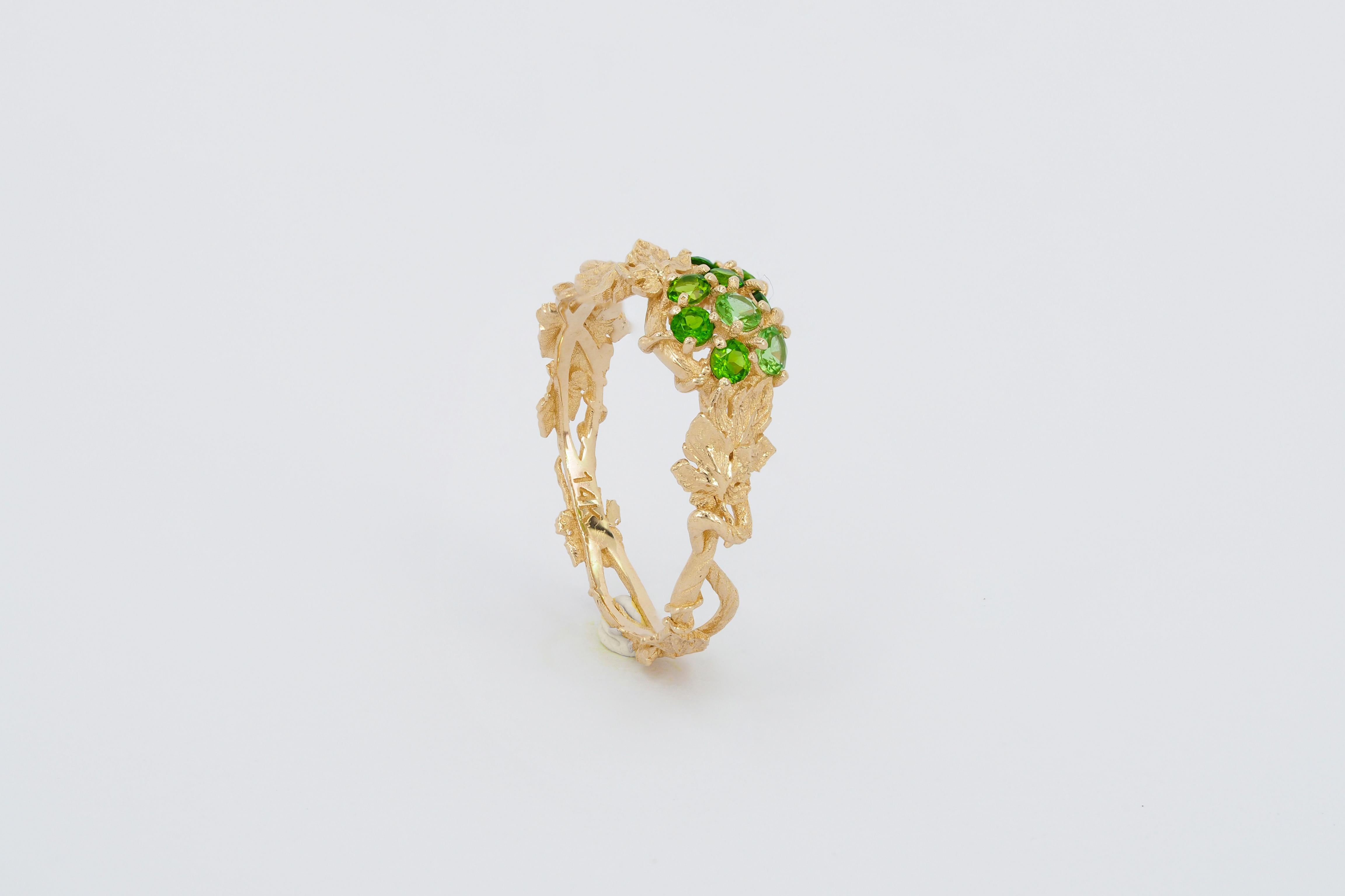 For Sale:  14k Gold Ring with Tsavorites, Grape Leaves Ring 8