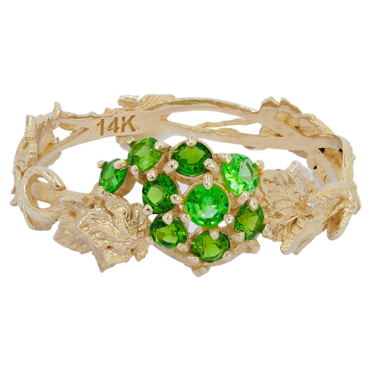 For Sale:  14k Gold Ring with Tsavorites, Grape Leaves Ring