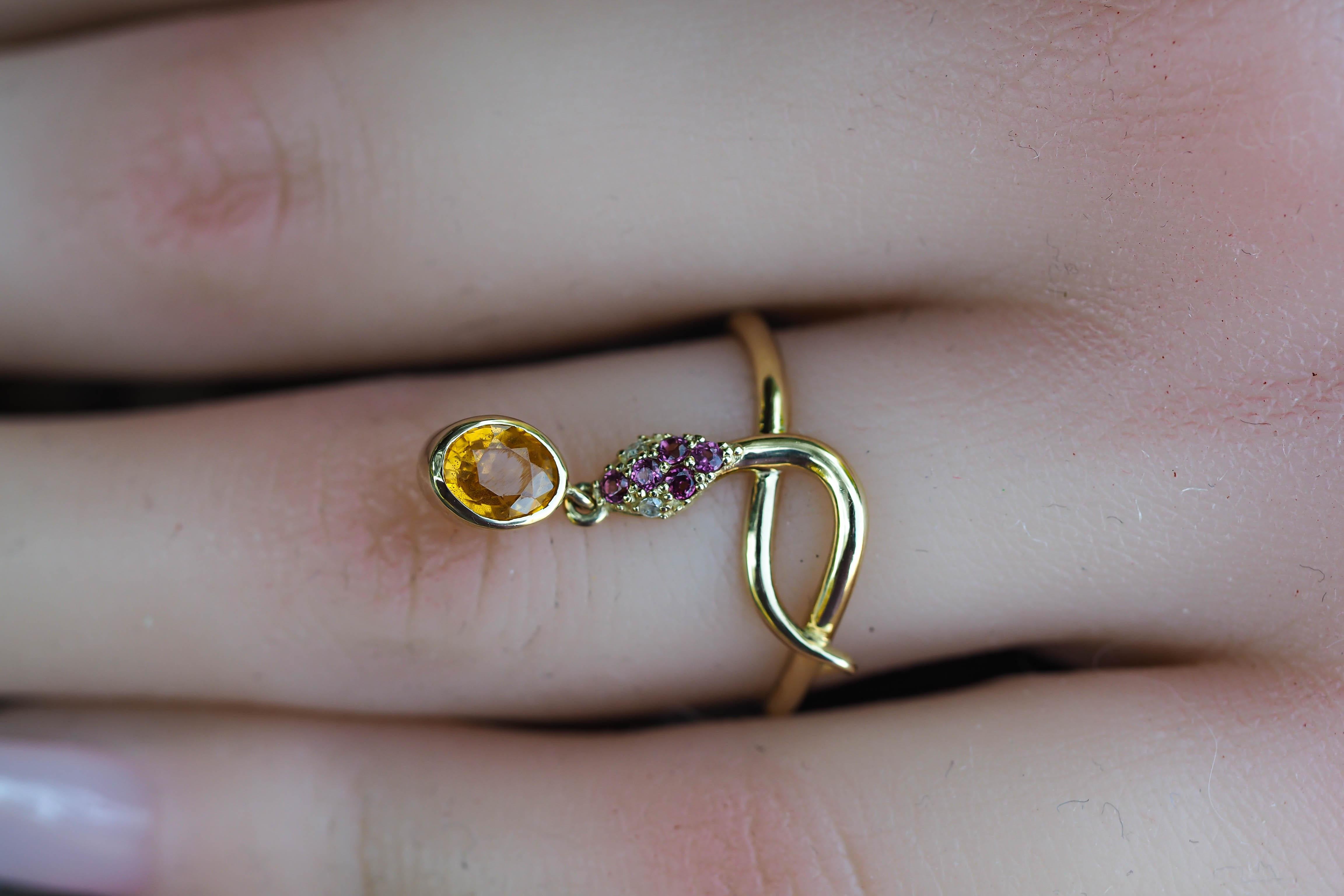 For Sale:  14k Gold Ring with Yellow Sapphire, Rose Sapphires and Diamonds, Snake Ring 10