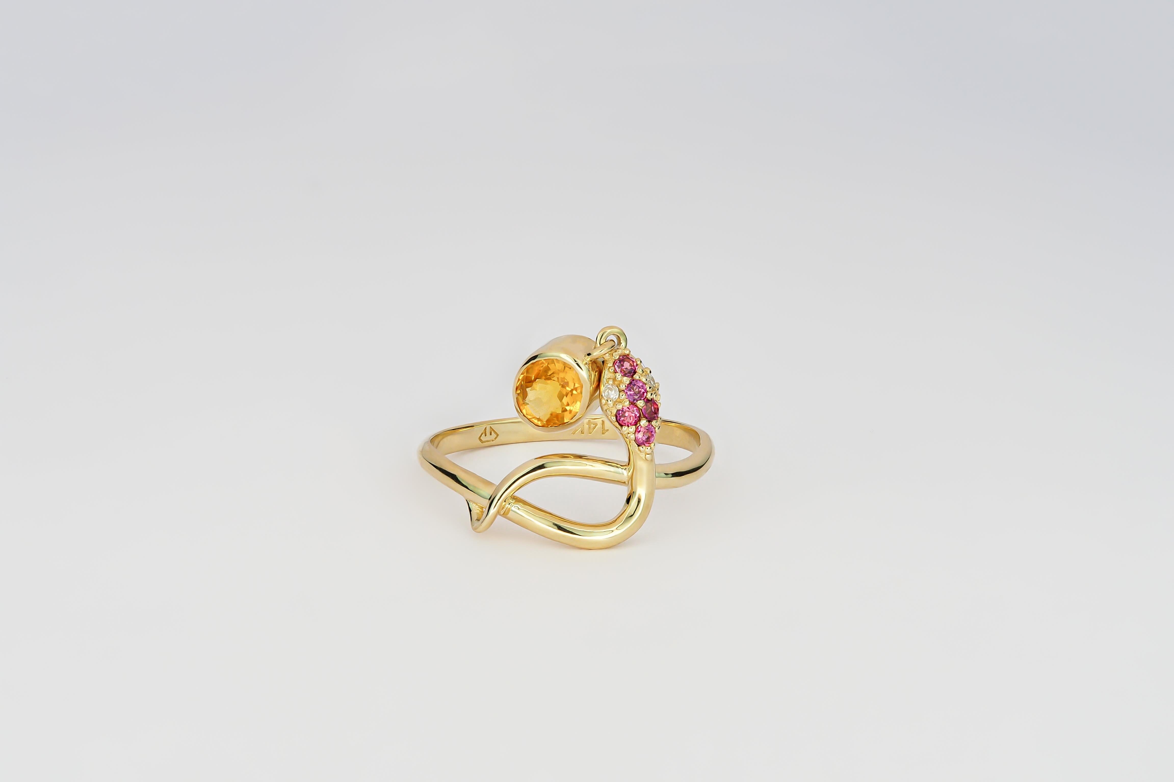For Sale:  14k Gold Ring with Yellow Sapphire, Rose Sapphires and Diamonds, Snake Ring 2