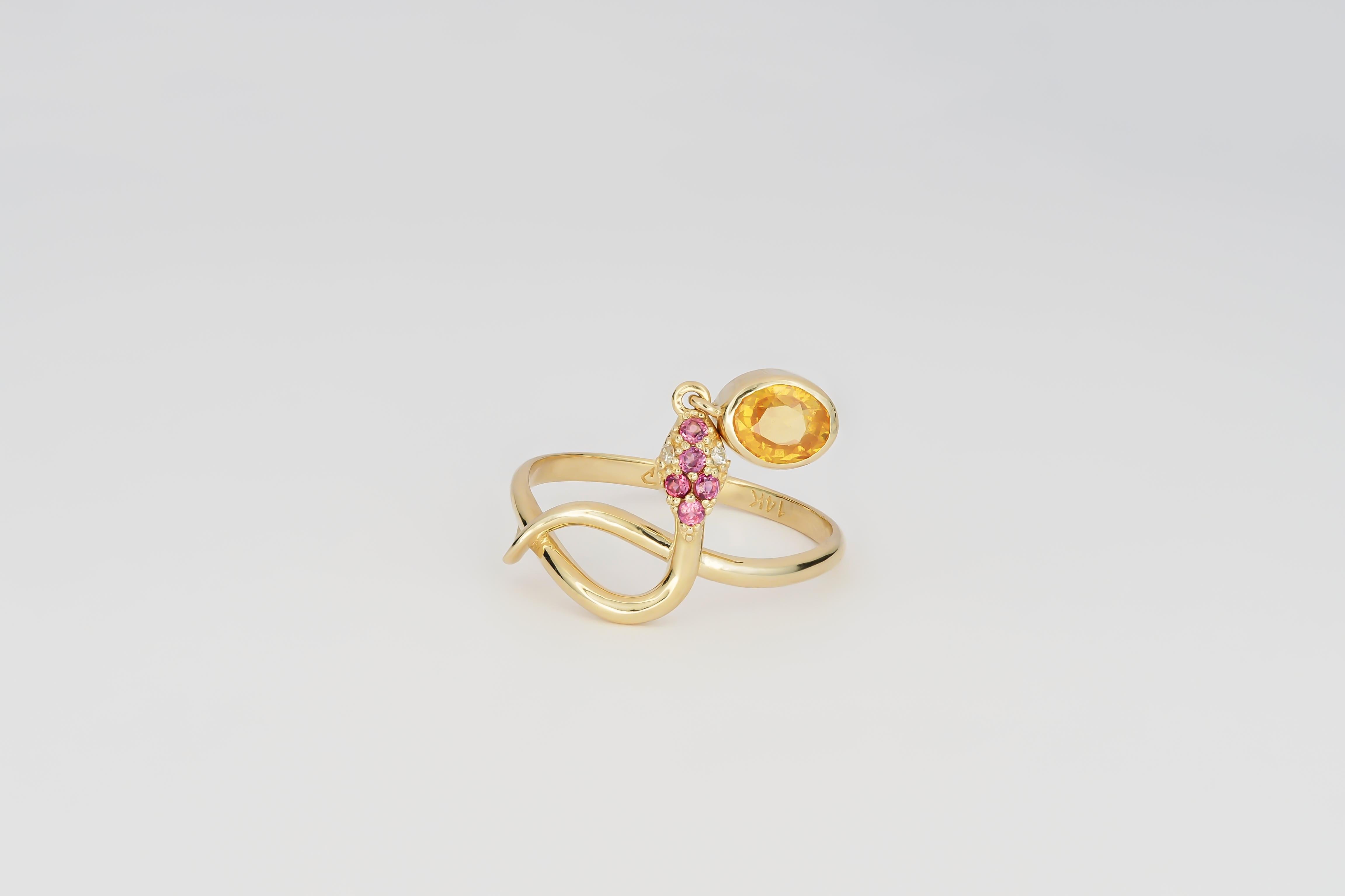 For Sale:  14k Gold Ring with Yellow Sapphire, Rose Sapphires and Diamonds, Snake Ring 3