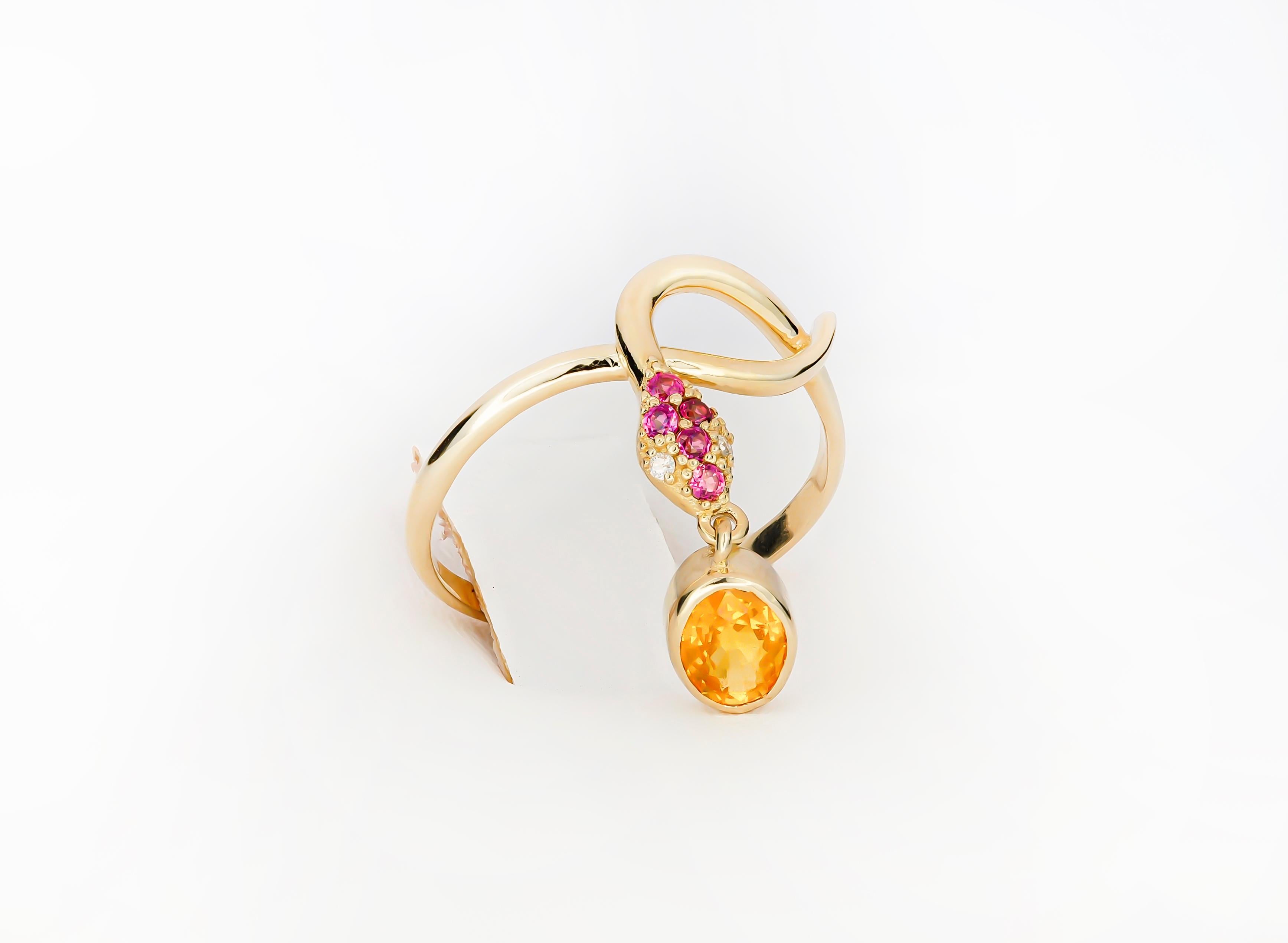 For Sale:  14k Gold Ring with Yellow Sapphire, Rose Sapphires and Diamonds, Snake Ring 4